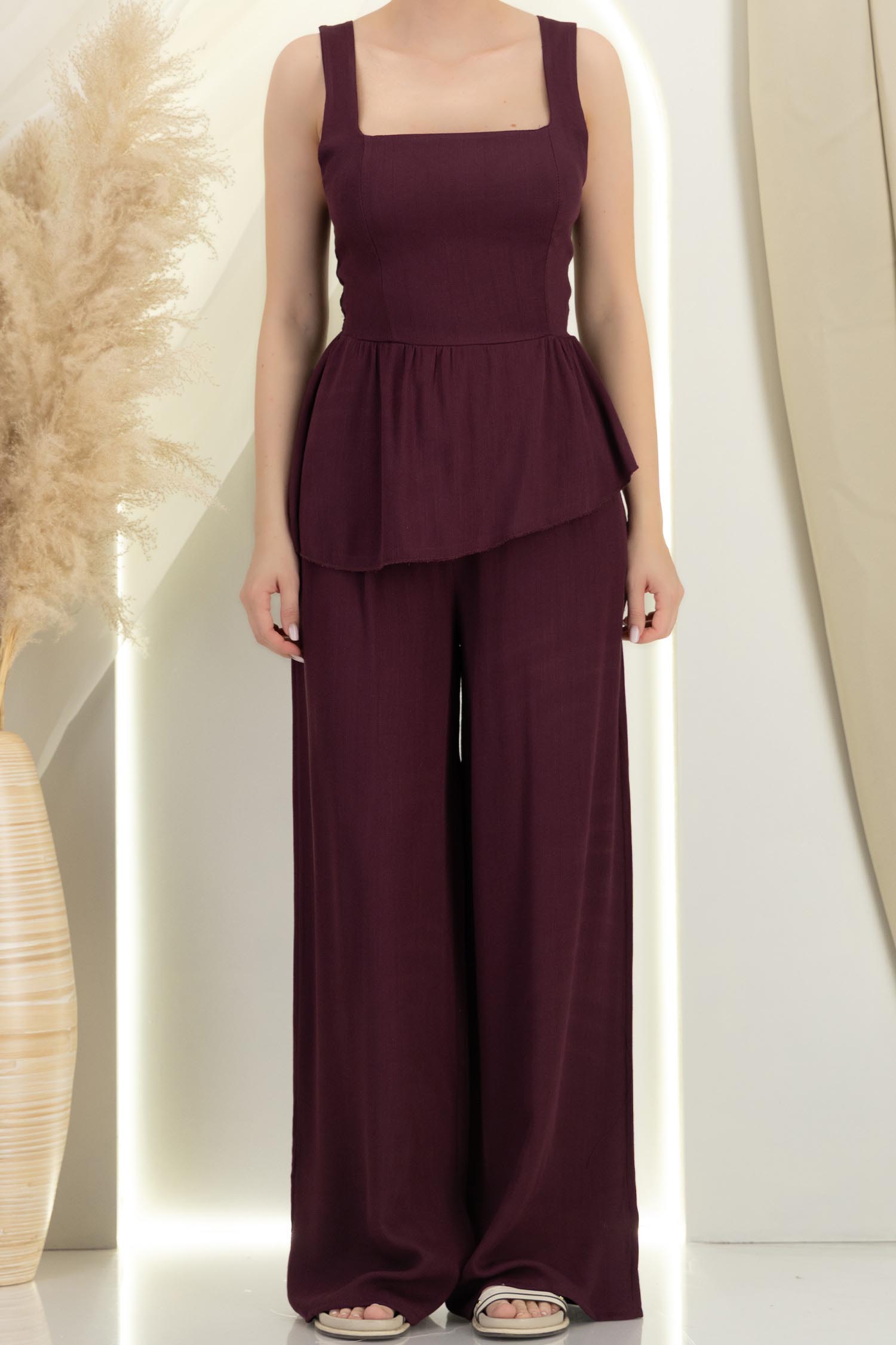 Compleu din viscoza visiniu cu croi larg si top cu peplum 4 - StarShinerS.ro