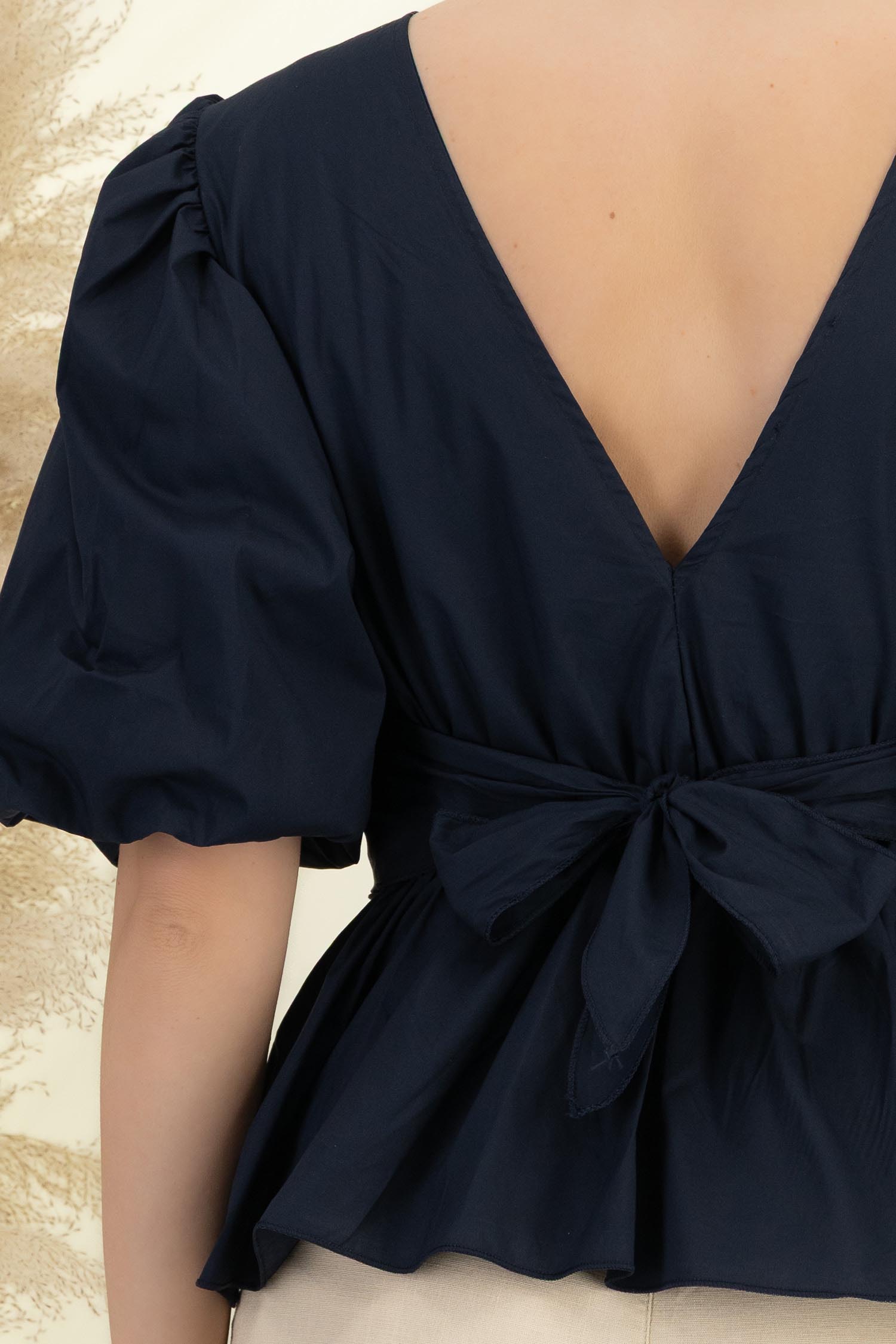 Bluza dama din bumbac bleumarin cu peplum si maneci bufante 4 - StarShinerS.ro