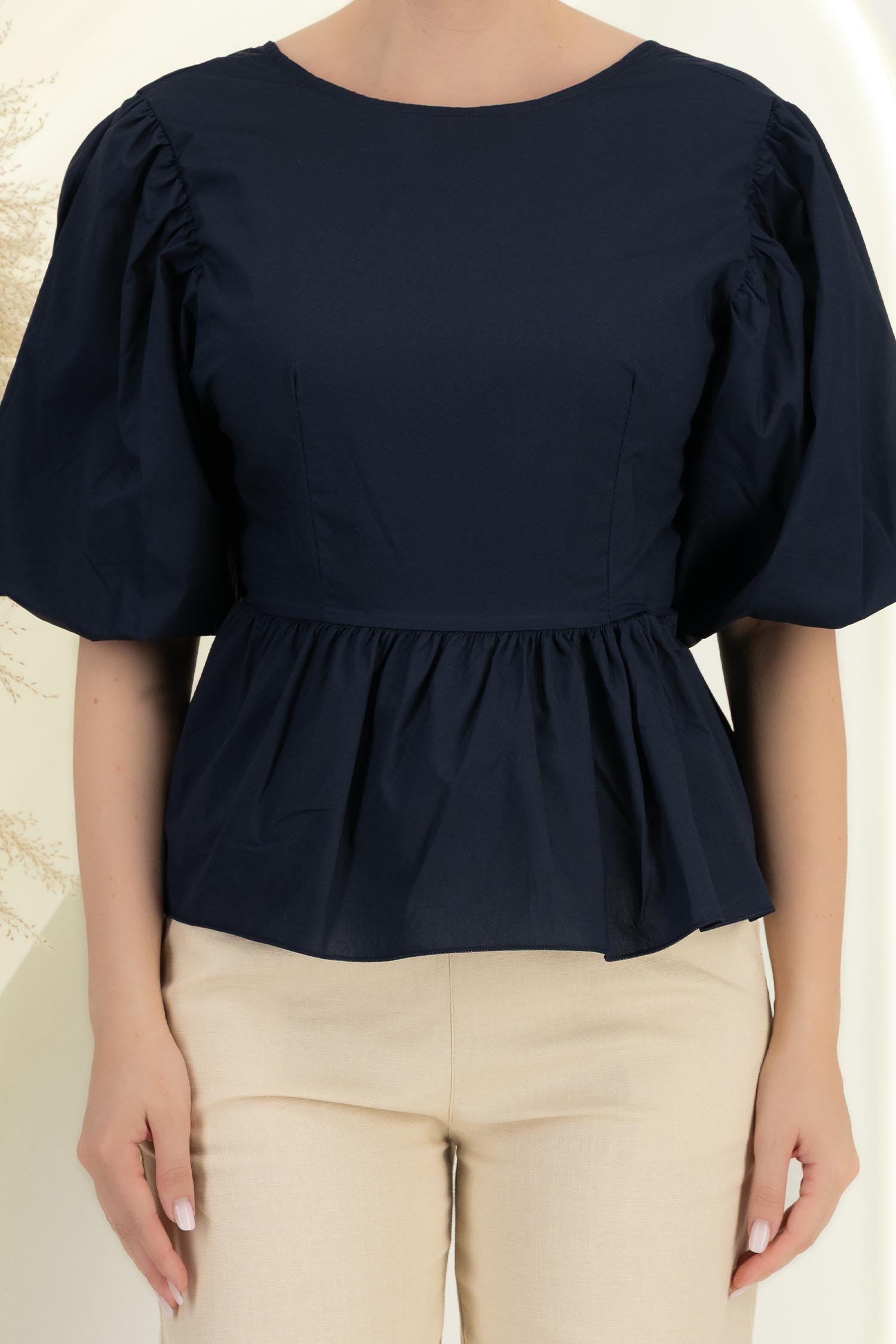 Bluza dama din bumbac bleumarin cu peplum si maneci bufante 6 - StarShinerS.ro