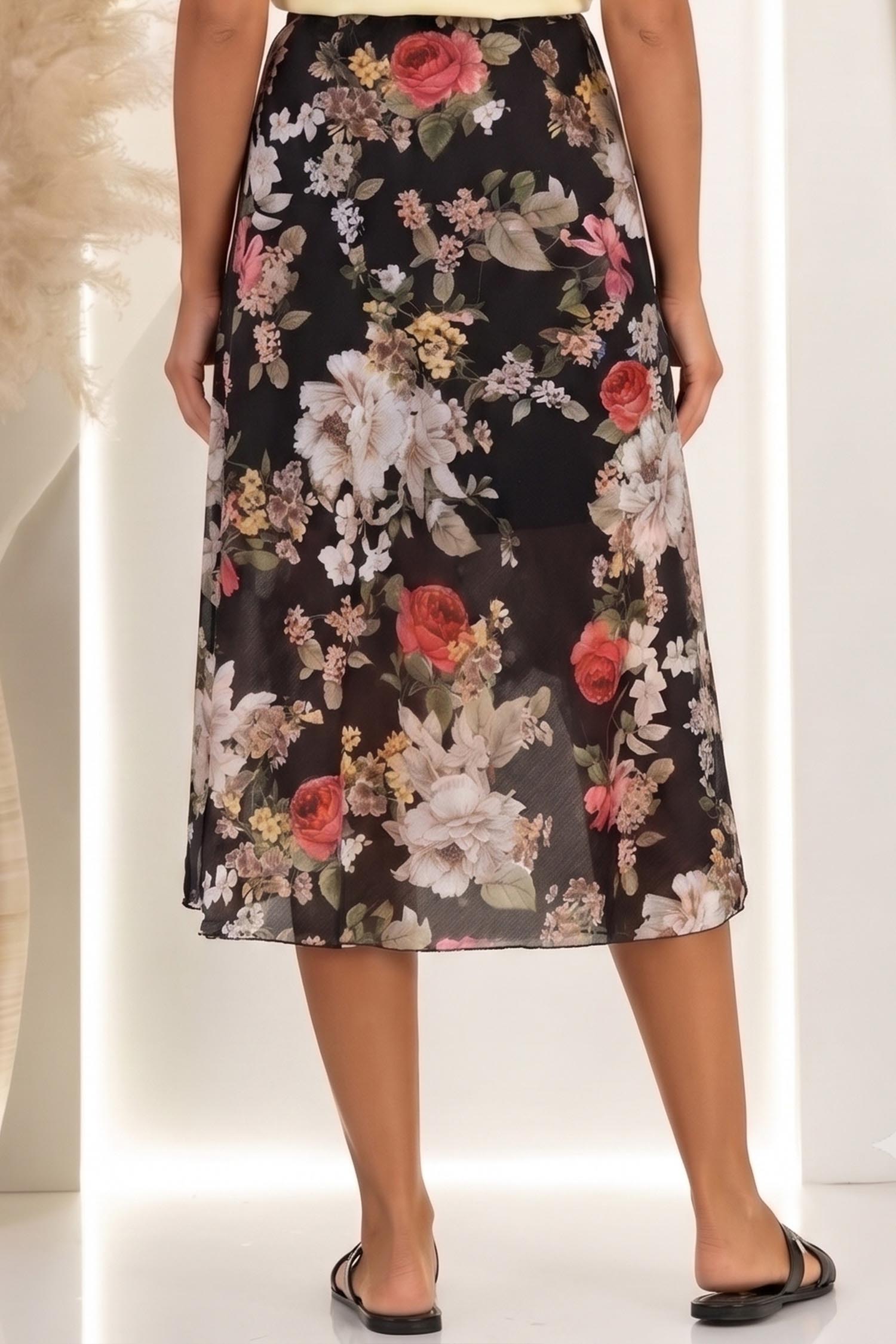 Fusta din material fluid neagra midi in clos cu imprimeu floral 3 - StarShinerS.ro