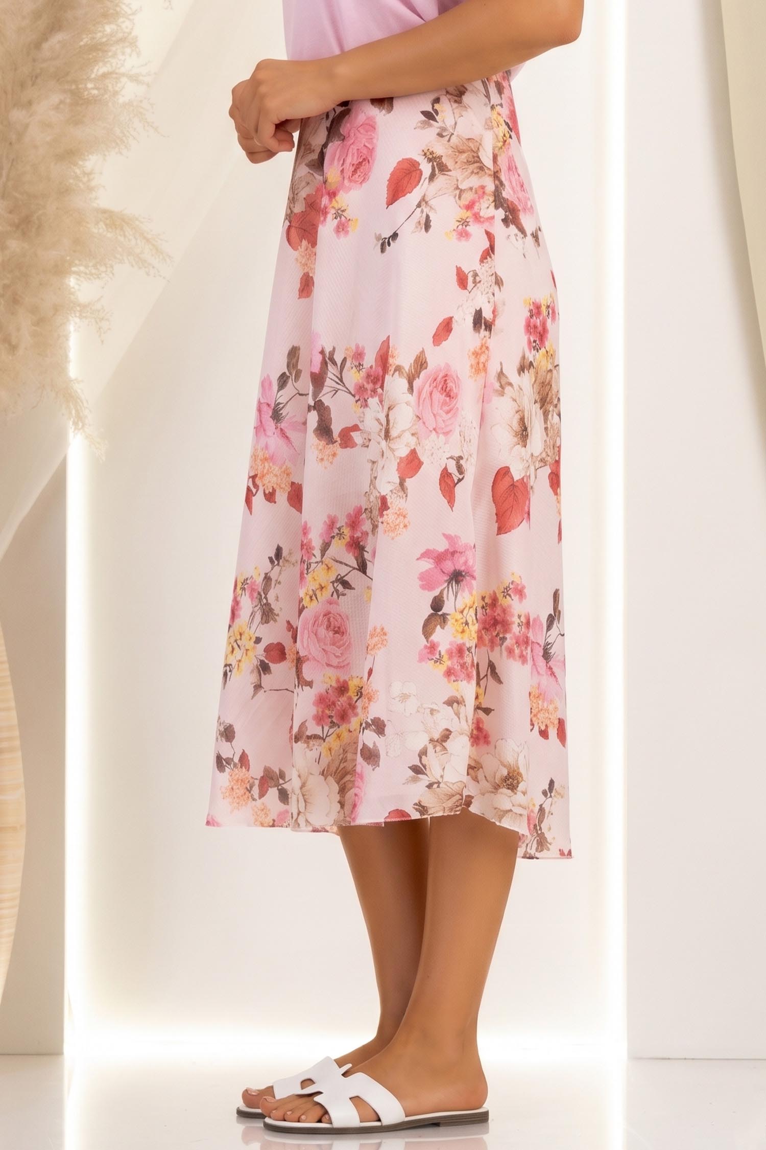 Fusta din material fluid roz midi in clos cu imprimeu floral 3 - StarShinerS.ro