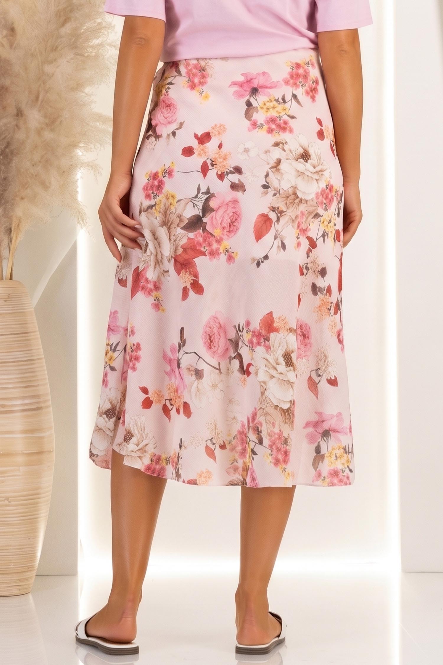 Fusta din material fluid roz midi in clos cu imprimeu floral 4 - StarShinerS.ro
