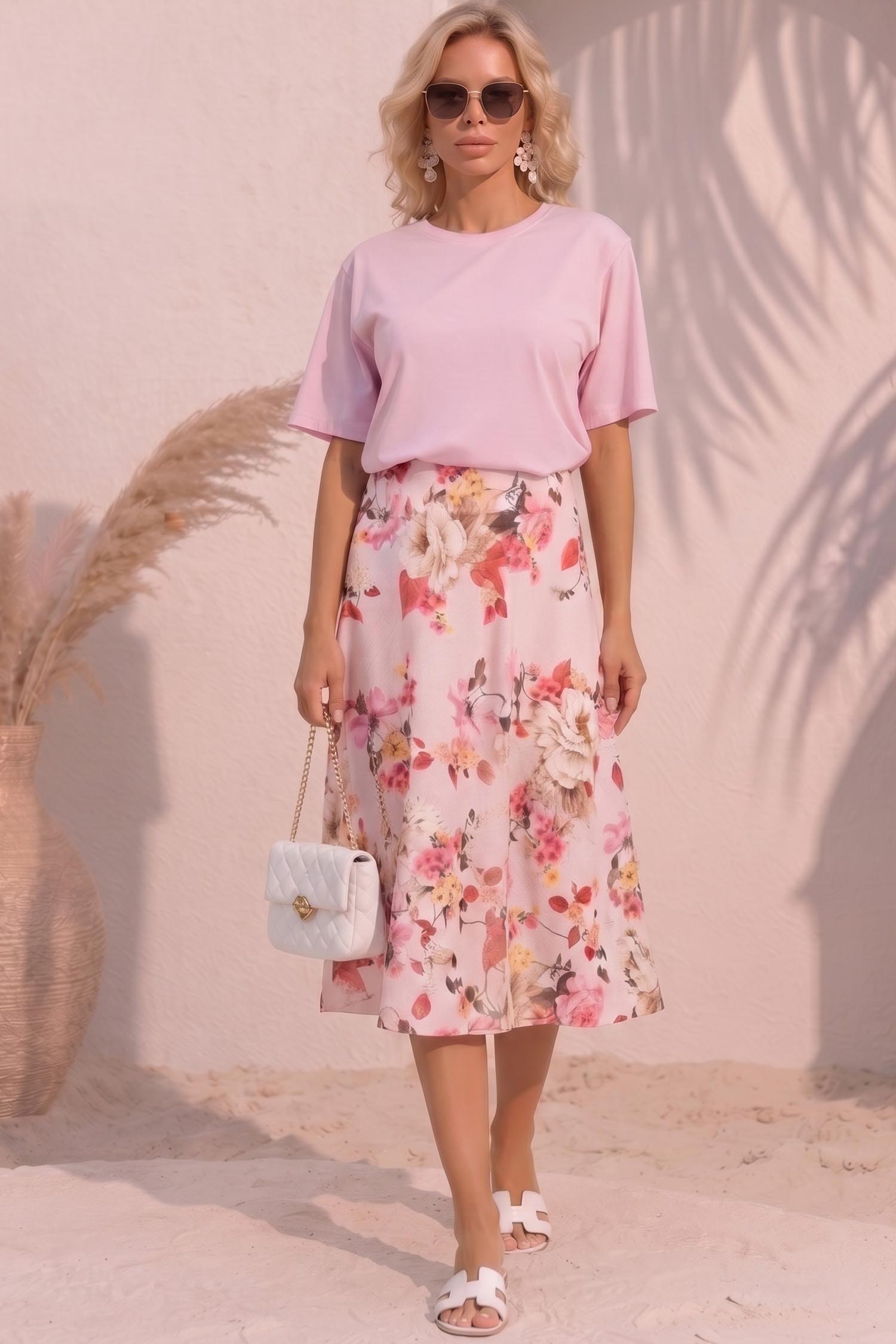 Fusta din material fluid roz midi in clos cu imprimeu floral 2 - StarShinerS.ro