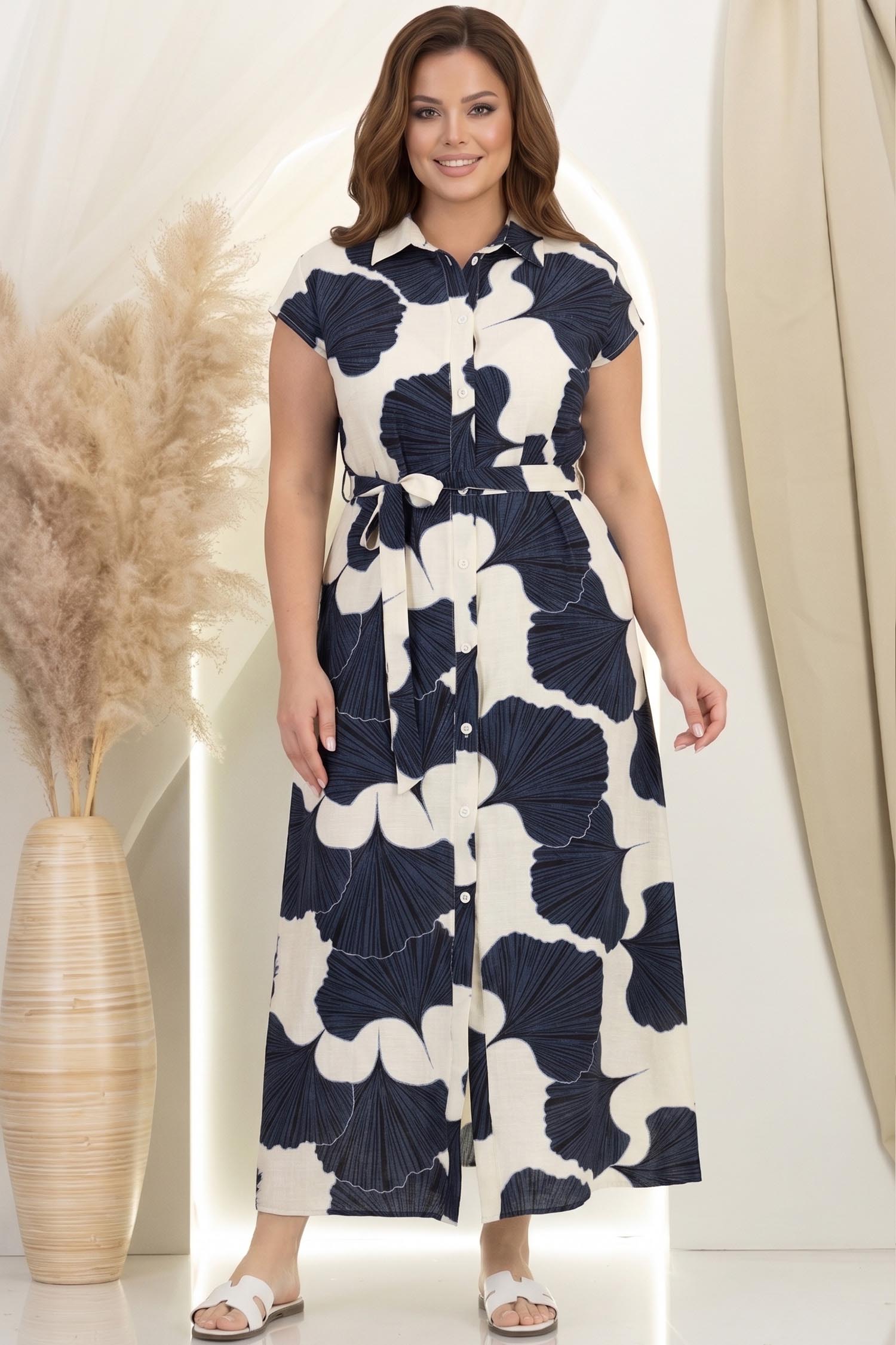 Rochie din in bleumarin lunga cu croi larg si buzunare - StarShinerS 3 - StarShinerS.ro