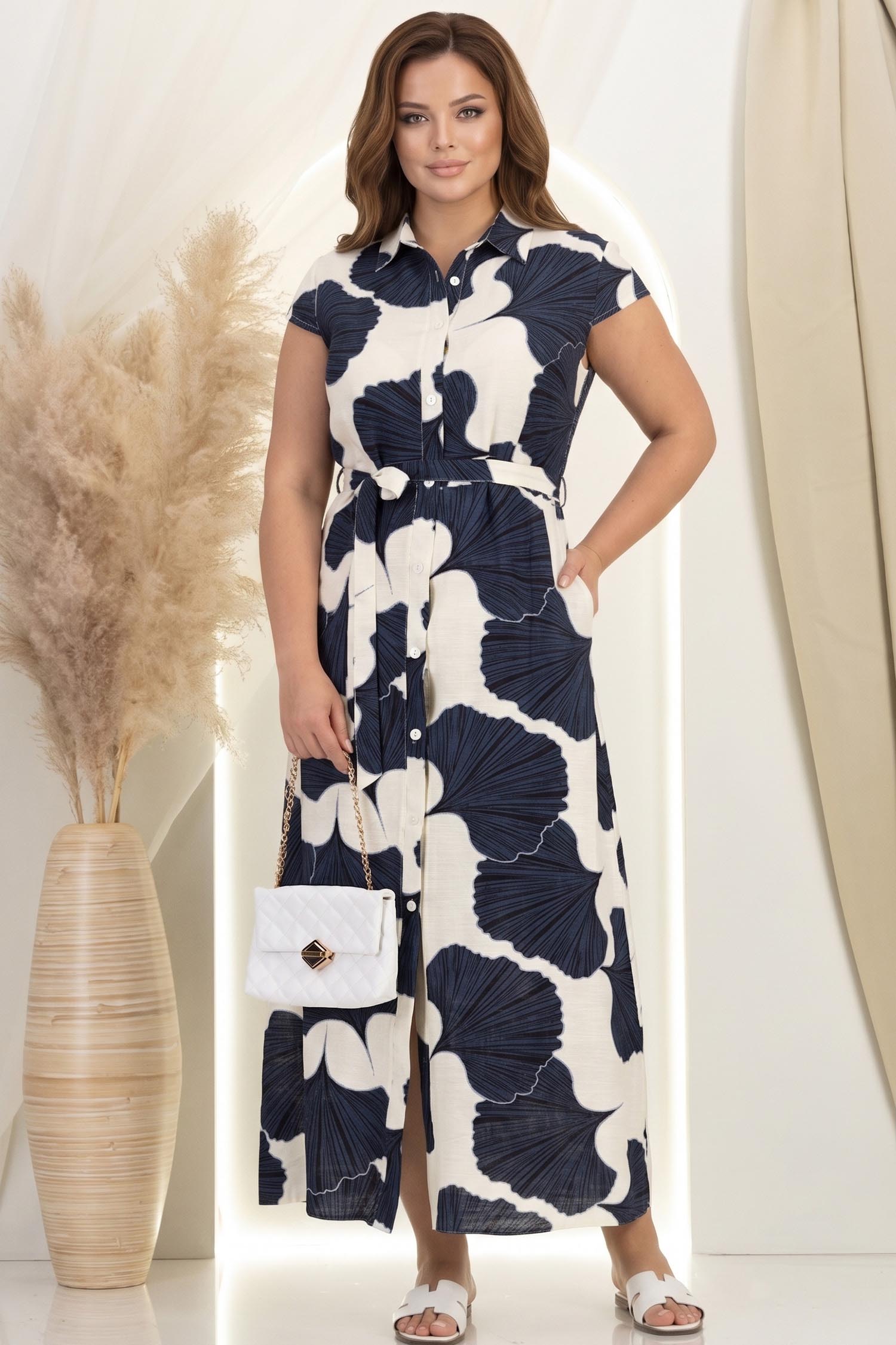 Rochie din in bleumarin lunga cu croi larg si buzunare - StarShinerS 2 - StarShinerS.ro