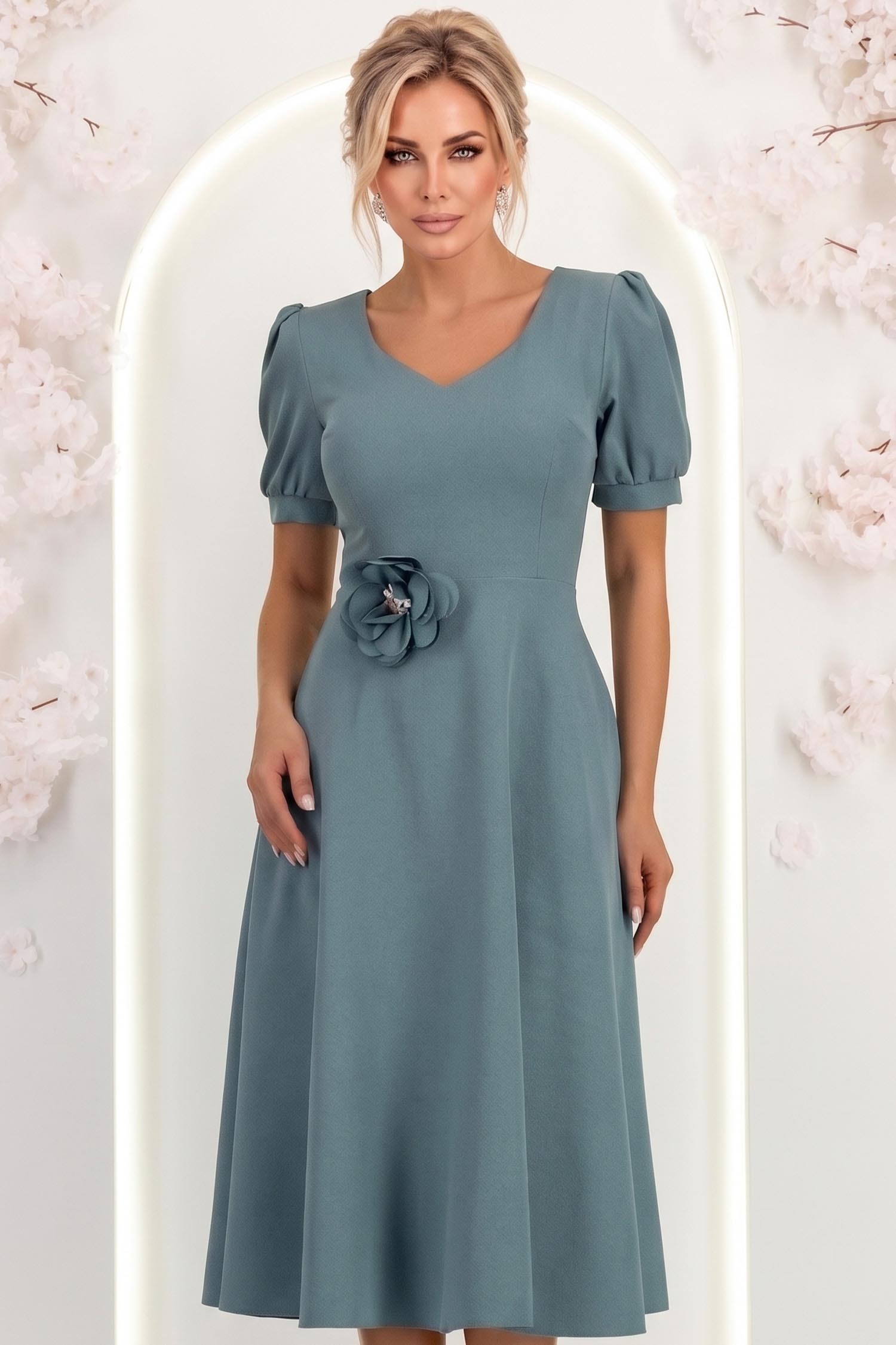 Rochie verde midi in clos cu brosa florala si buzunare - StarShinerS 3 - StarShinerS.ro