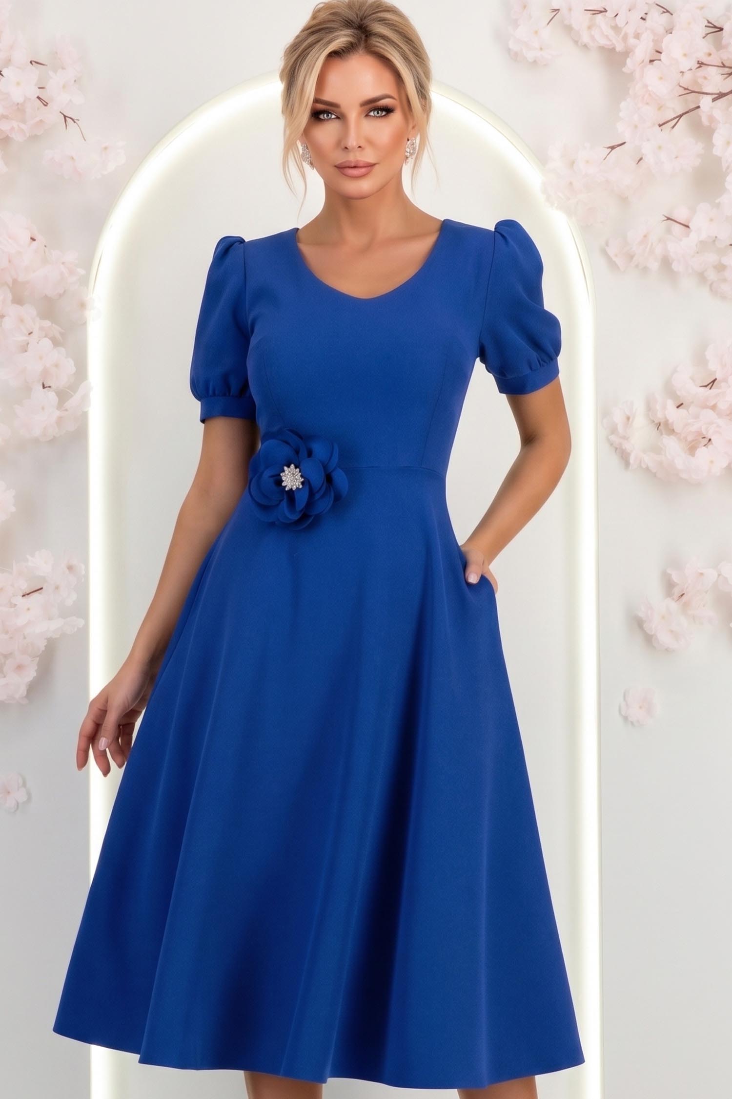 Rochie albastra midi in clos cu brosa florala si buzunare - StarShinerS 2 - StarShinerS.ro