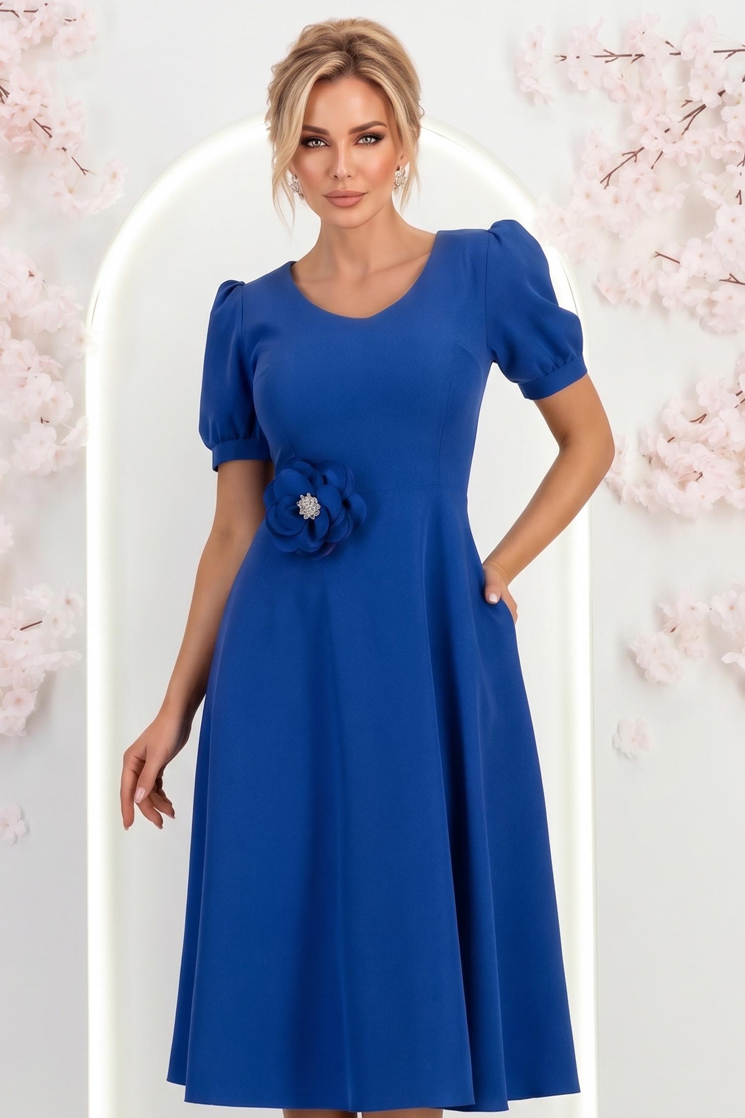 Rochie albastra midi in clos cu brosa florala si buzunare - StarShinerS 3 - StarShinerS.ro