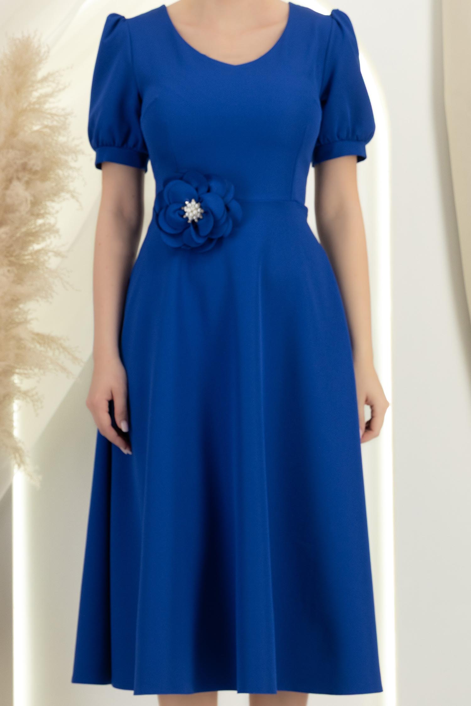 Rochie albastra midi in clos cu brosa florala si buzunare - StarShinerS 5 - StarShinerS.ro