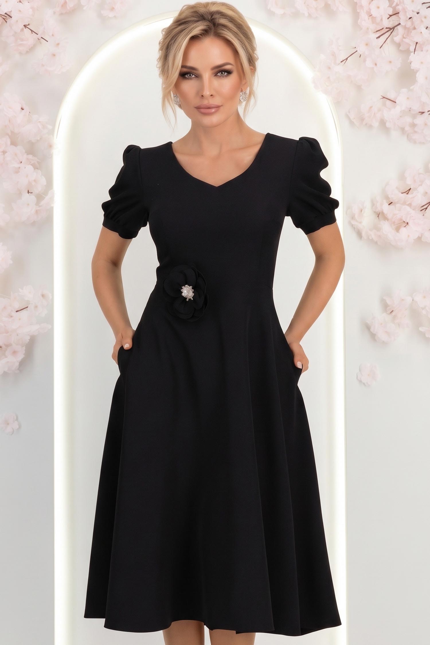 Rochie neagra midi in clos cu brosa florala si buzunare - StarShinerS 2 - StarShinerS.ro