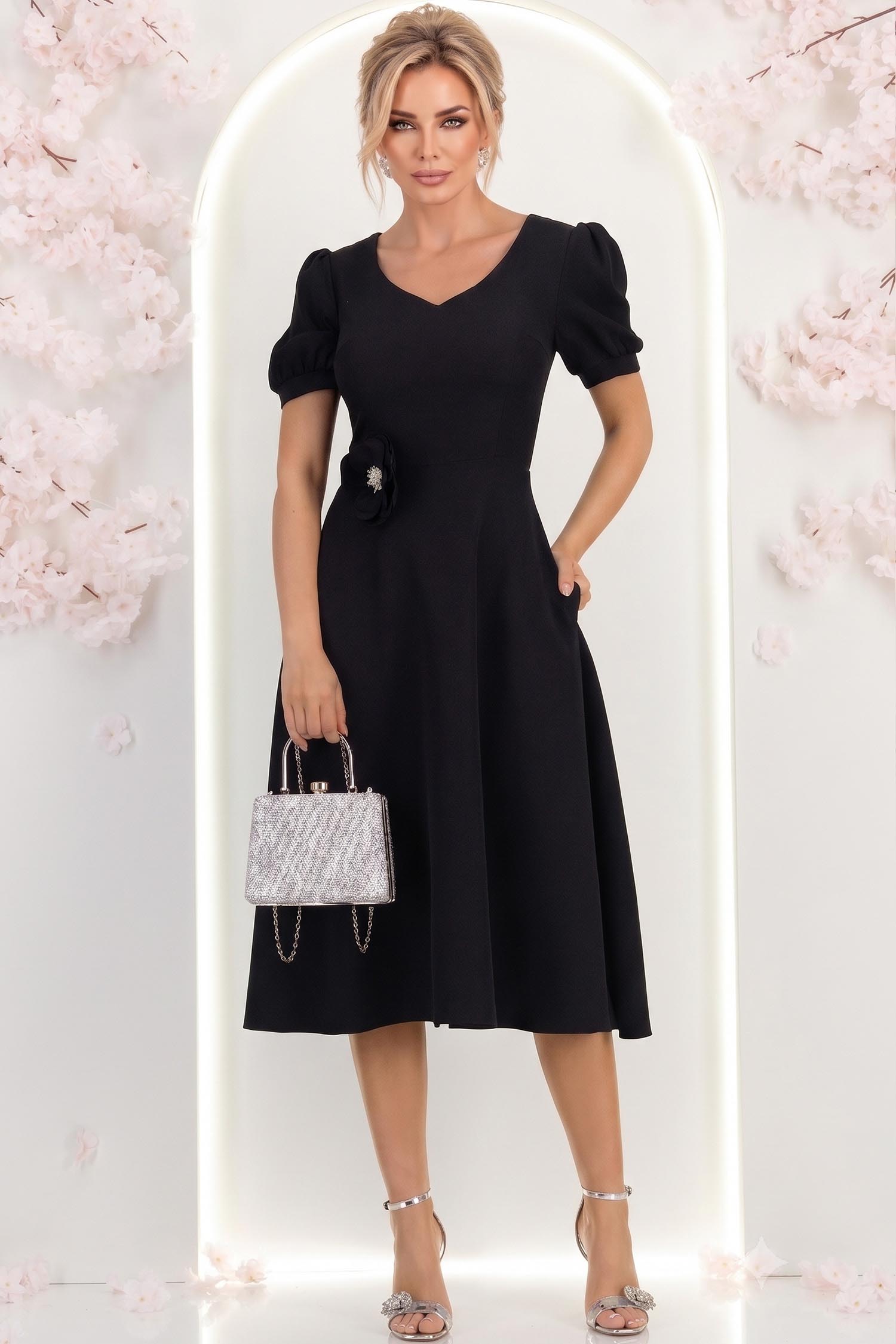 Rochie neagra midi in clos cu brosa florala si buzunare - StarShinerS 3 - StarShinerS.ro