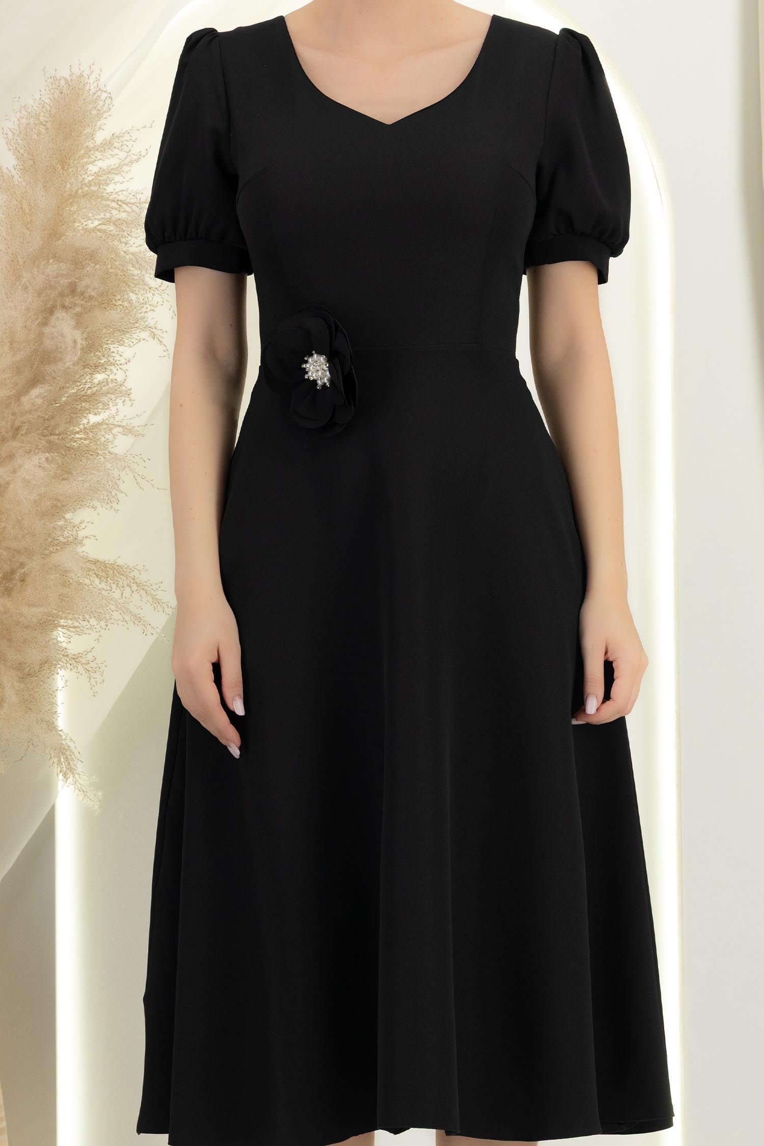 Rochie neagra midi in clos cu brosa florala si buzunare - StarShinerS 5 - StarShinerS.ro