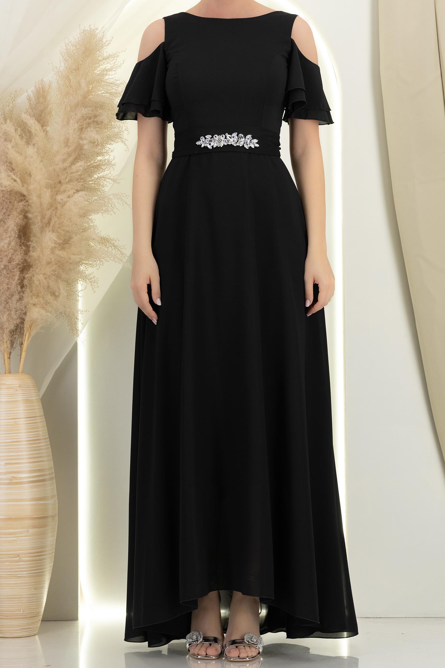 Rochie din voal neagra lunga in clos cu un cordon accesorizat- StarShinerS 5 - StarShinerS.ro