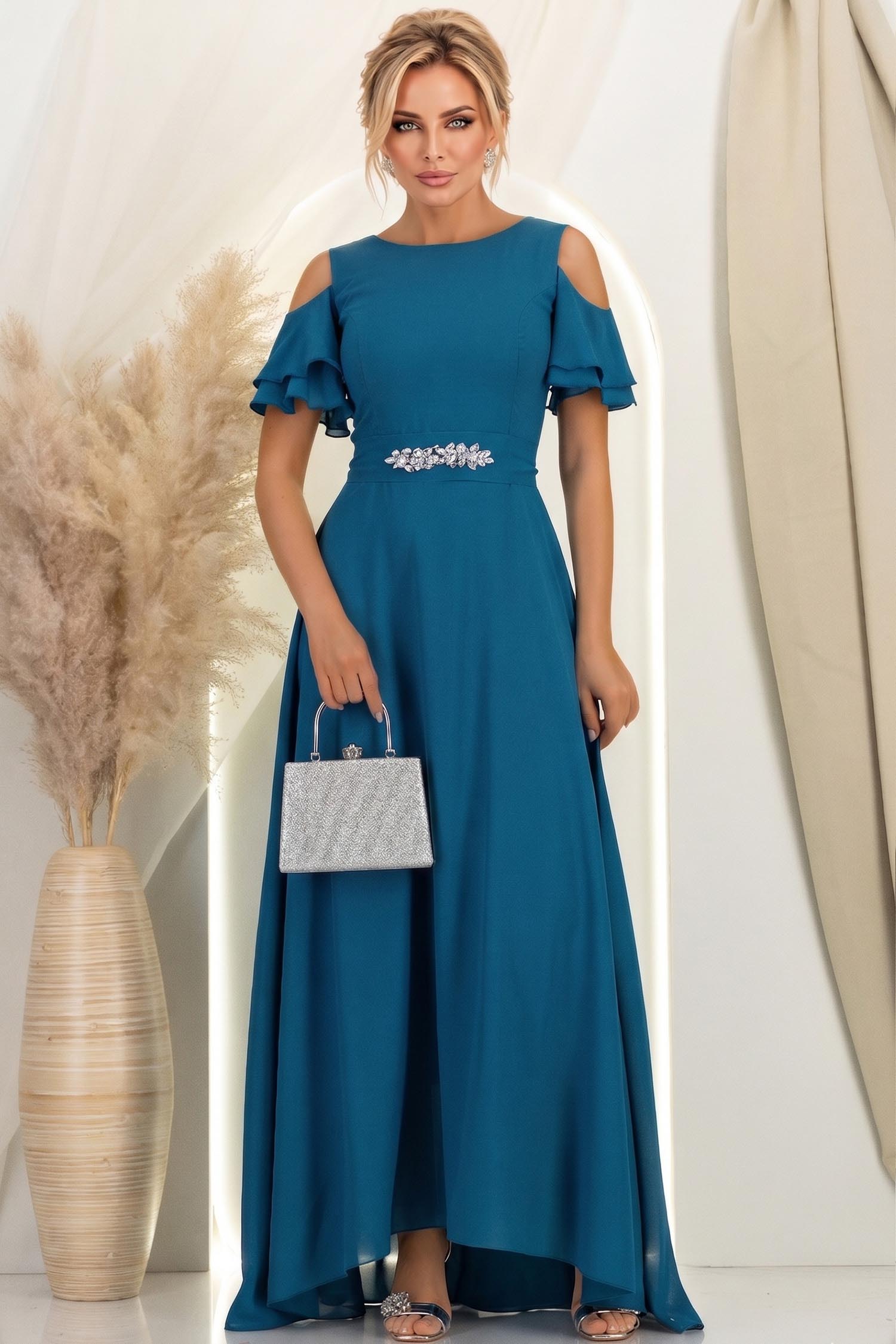Rochie din voal verde petrol lunga in clos cu un cordon accesorizat- StarShinerS 4 - StarShinerS.ro