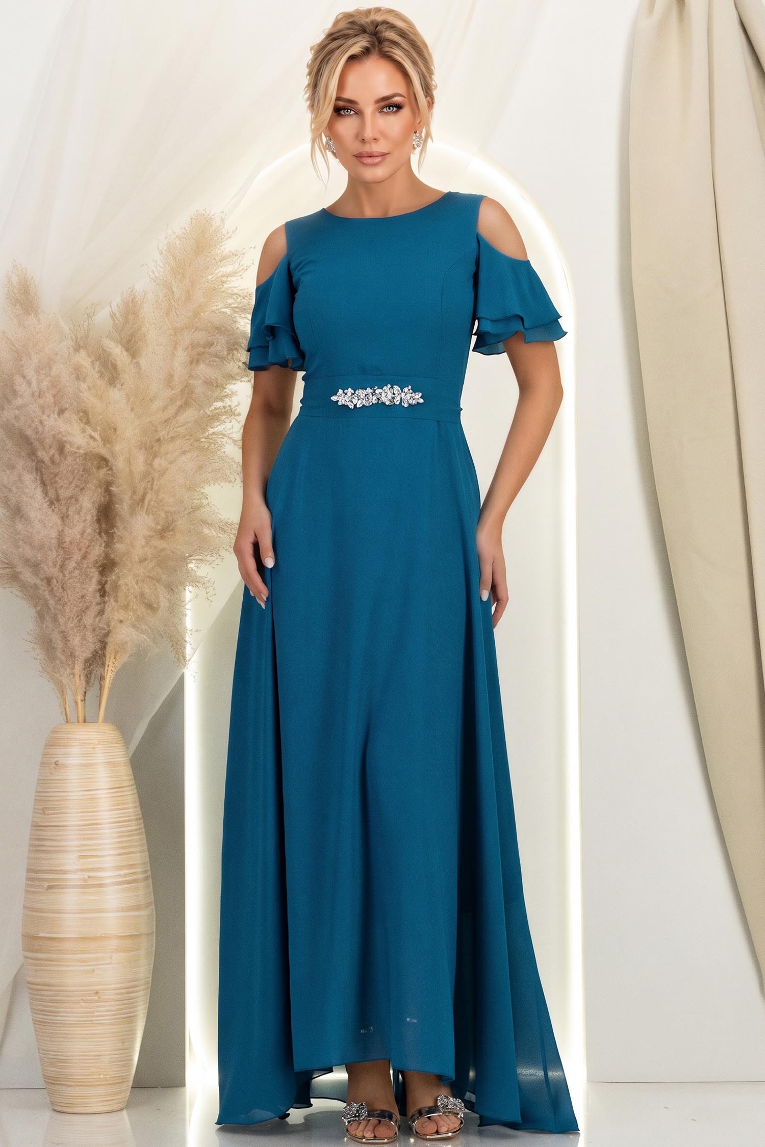 Rochie din voal verde petrol lunga in clos cu un cordon accesorizat- StarShinerS 3 - StarShinerS.ro