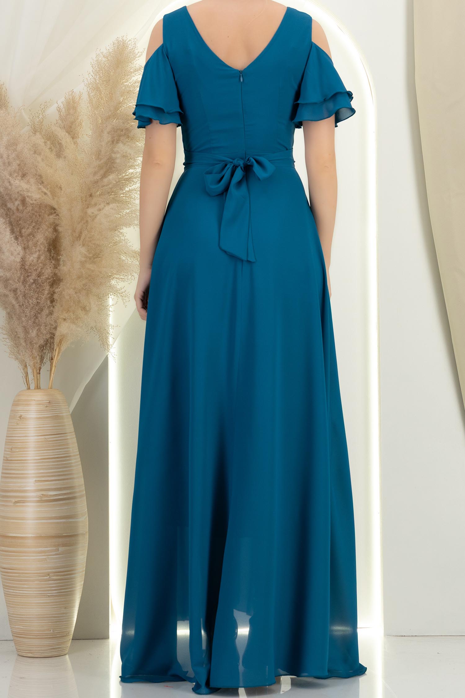 Rochie din voal verde petrol lunga in clos cu un cordon accesorizat- StarShinerS 7 - StarShinerS.ro