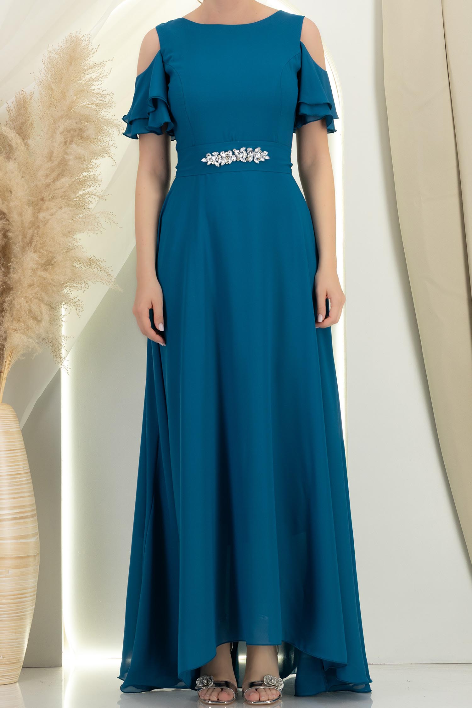 Rochie din voal verde petrol lunga in clos cu un cordon accesorizat- StarShinerS 6 - StarShinerS.ro