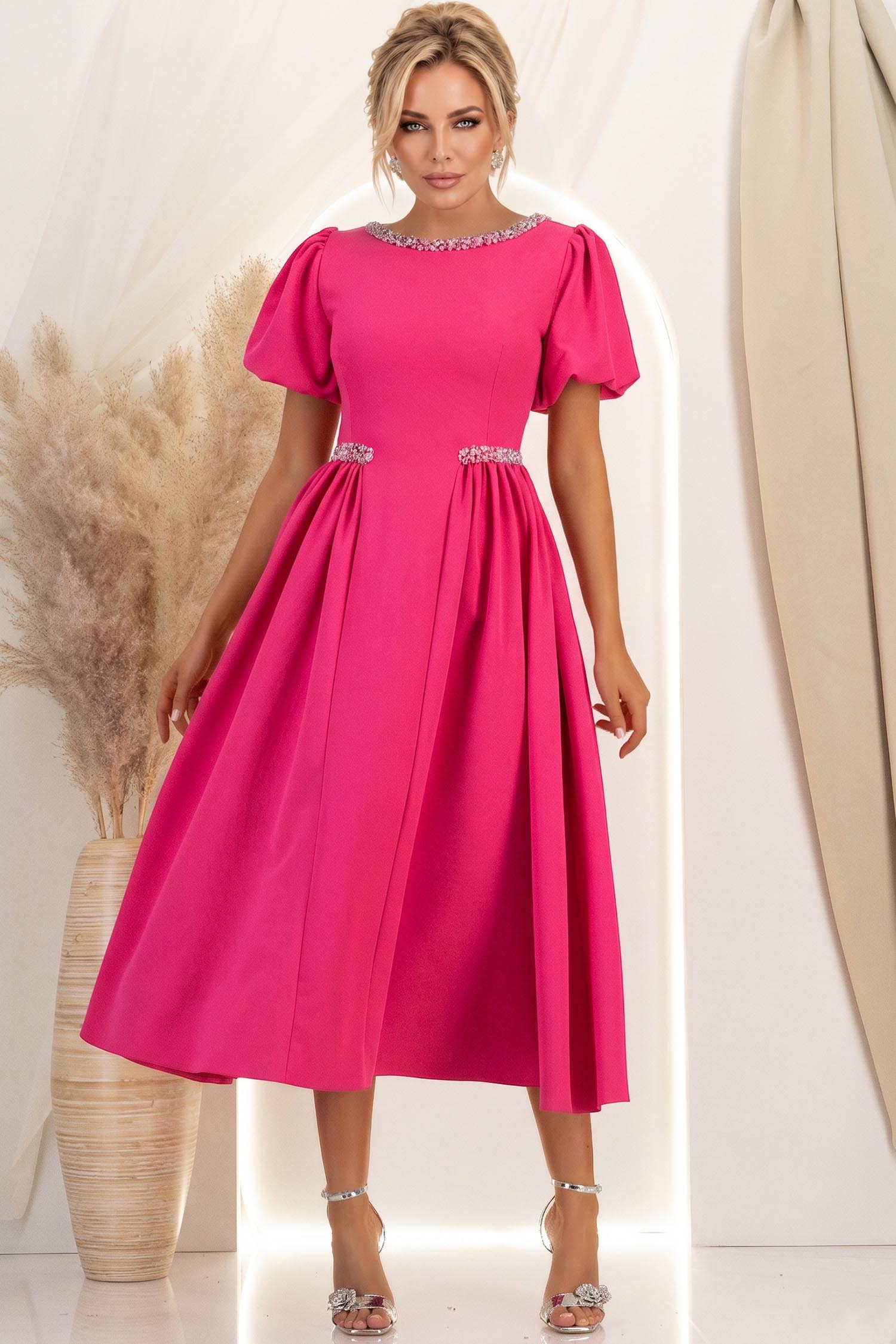 Rochie fuchsia midi in clos cu aplicatii stralucitoare - StarShinerS 2 - StarShinerS.ro