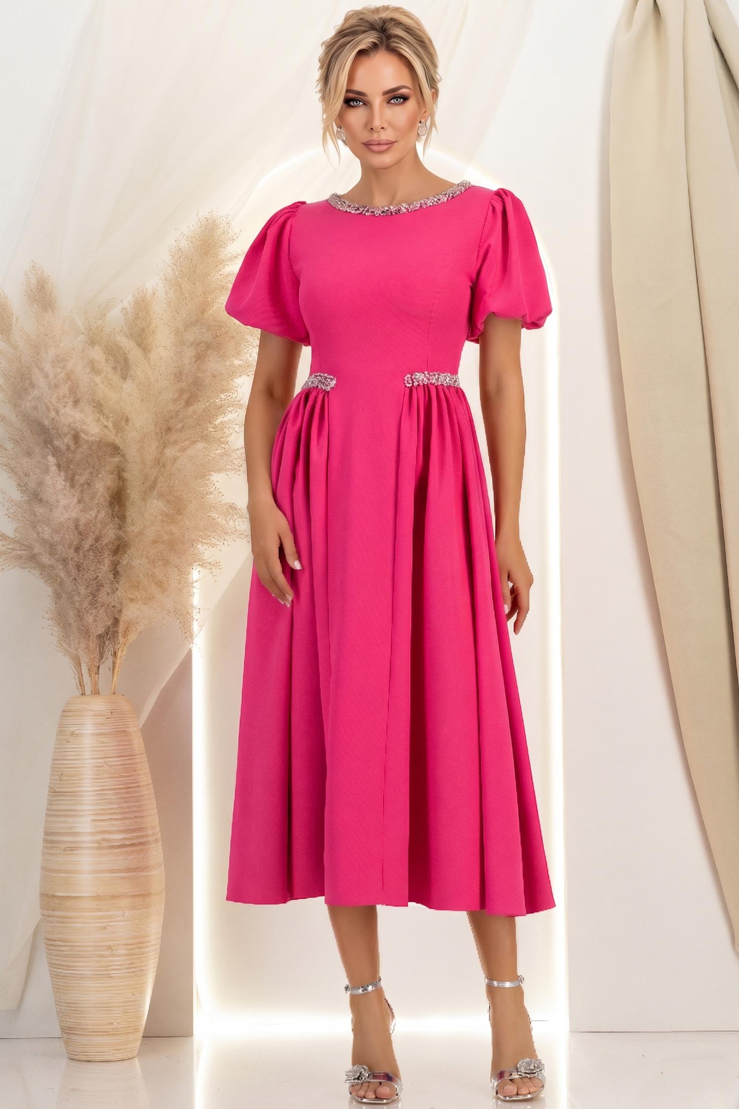 Rochie fuchsia midi in clos cu aplicatii stralucitoare - StarShinerS 3 - StarShinerS.ro