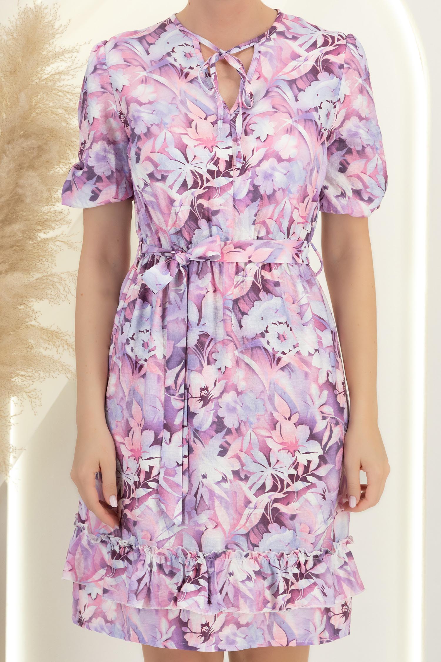 Rochie din viscoza roz imprimata până la genunchi clos cu elastic in talie - StarShinerS 5 - StarShinerS.ro