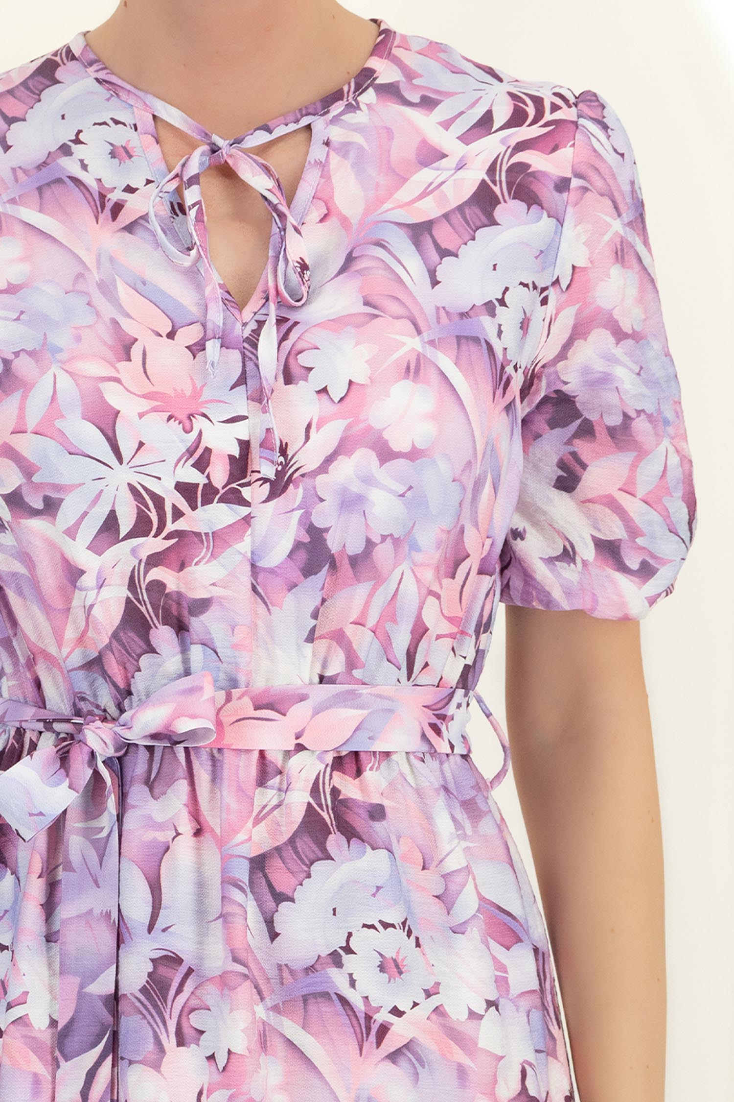 Rochie din viscoza roz imprimata până la genunchi clos cu elastic in talie - StarShinerS 4 - StarShinerS.ro