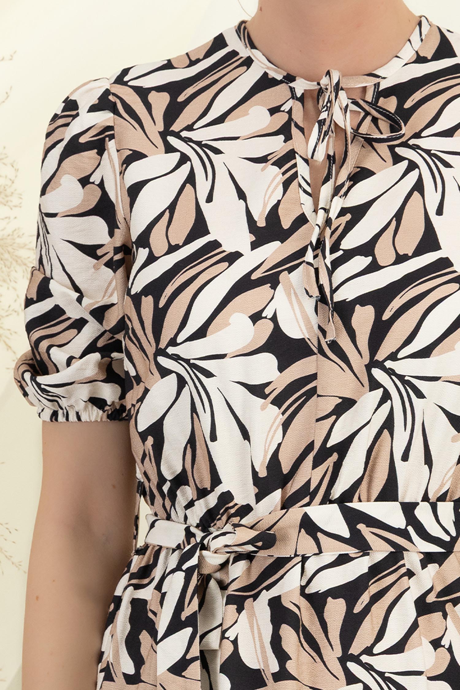 Rochie din viscoza maro imprimata până la genunchi clos cu elastic in talie - StarShinerS 5 - StarShinerS.ro