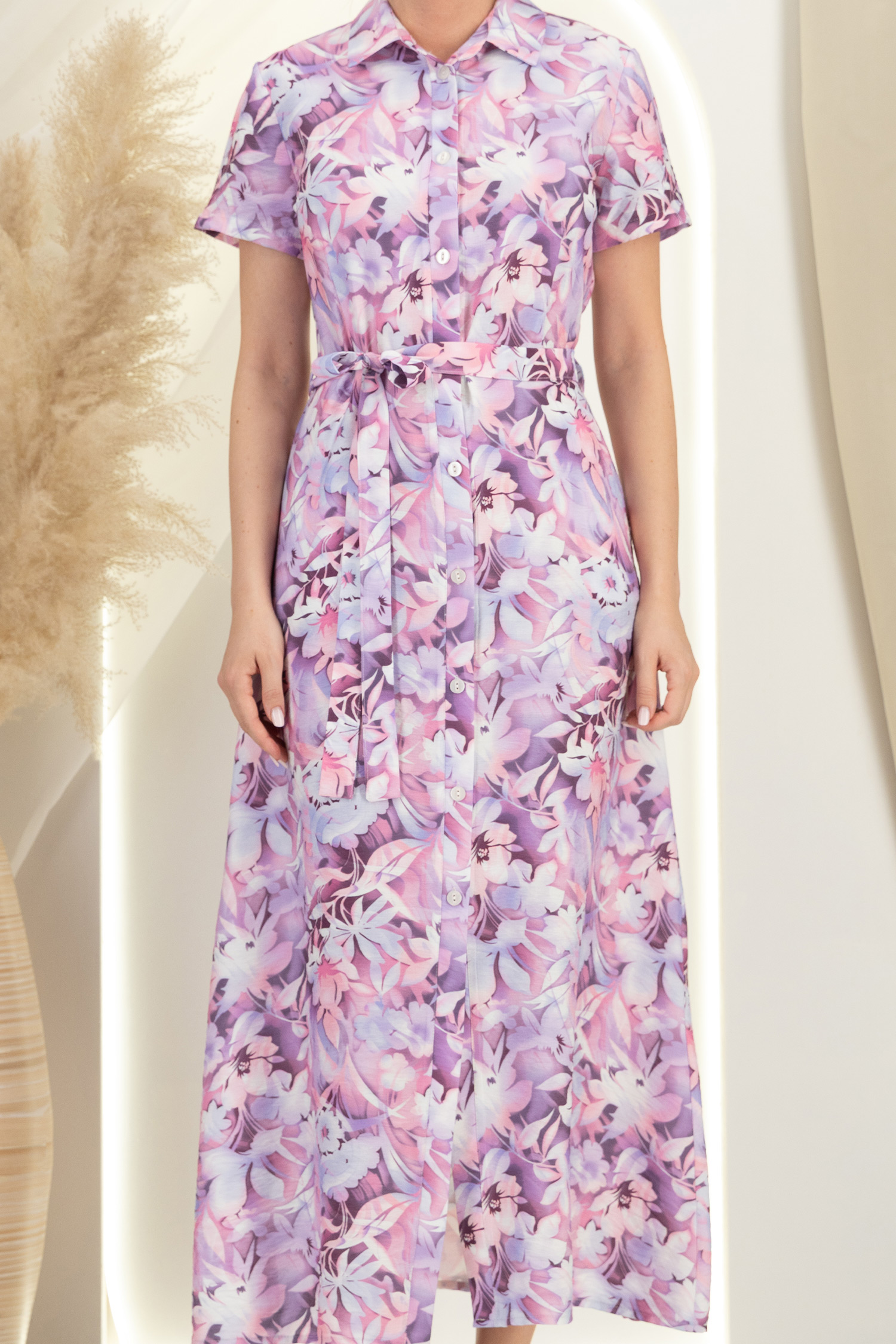 Rochie din viscoza roz imprimata lunga cu croi larg si buzunare- StarShinerS 3 - StarShinerS.ro