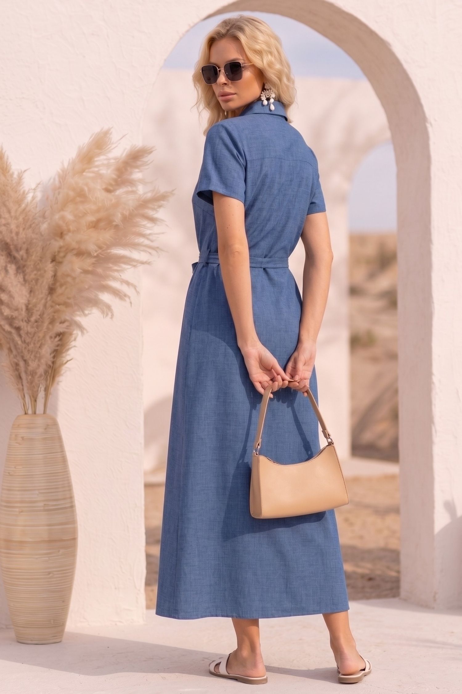 Rochie din in si viscoza bleumarin lunga cu un croi drept si buzunare - StarShinerS 2 - StarShinerS.ro