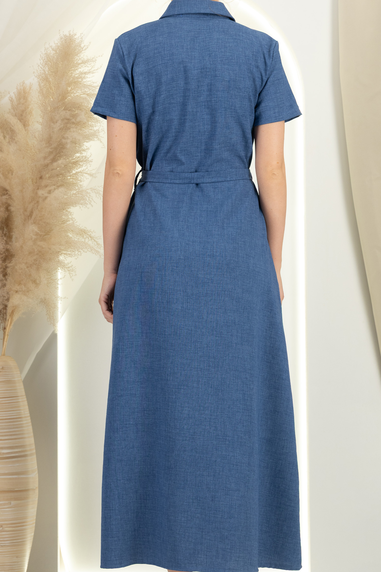 Rochie din in si viscoza bleumarin lunga cu un croi drept si buzunare - StarShinerS 5 - StarShinerS.ro