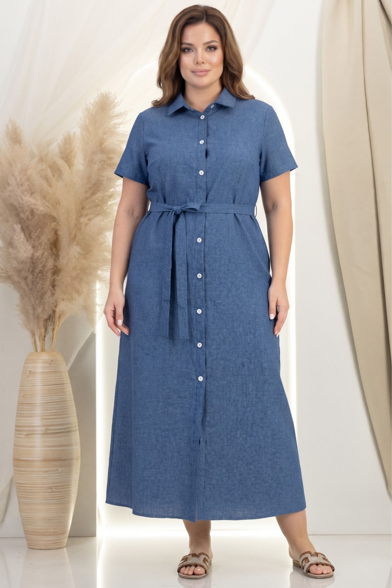 Rochie din in si viscoza bleumarin lunga cu un croi drept si buzunare - StarShinerS 1 - StarShinerS.ro