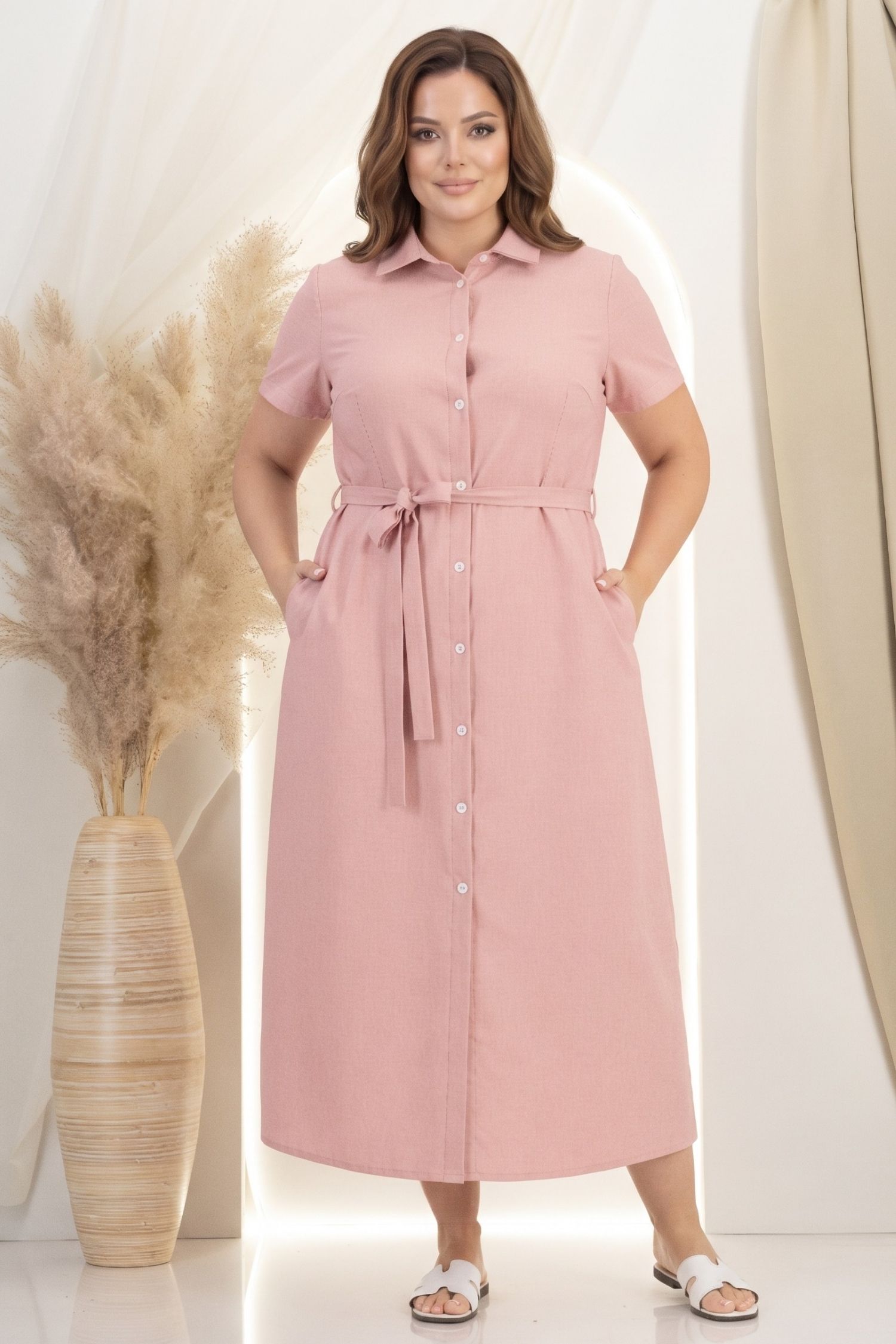 Rochie din in si viscoza roz pudra lunga cu un croi drept si buzunare - StarShinerS 1 - StarShinerS.ro
