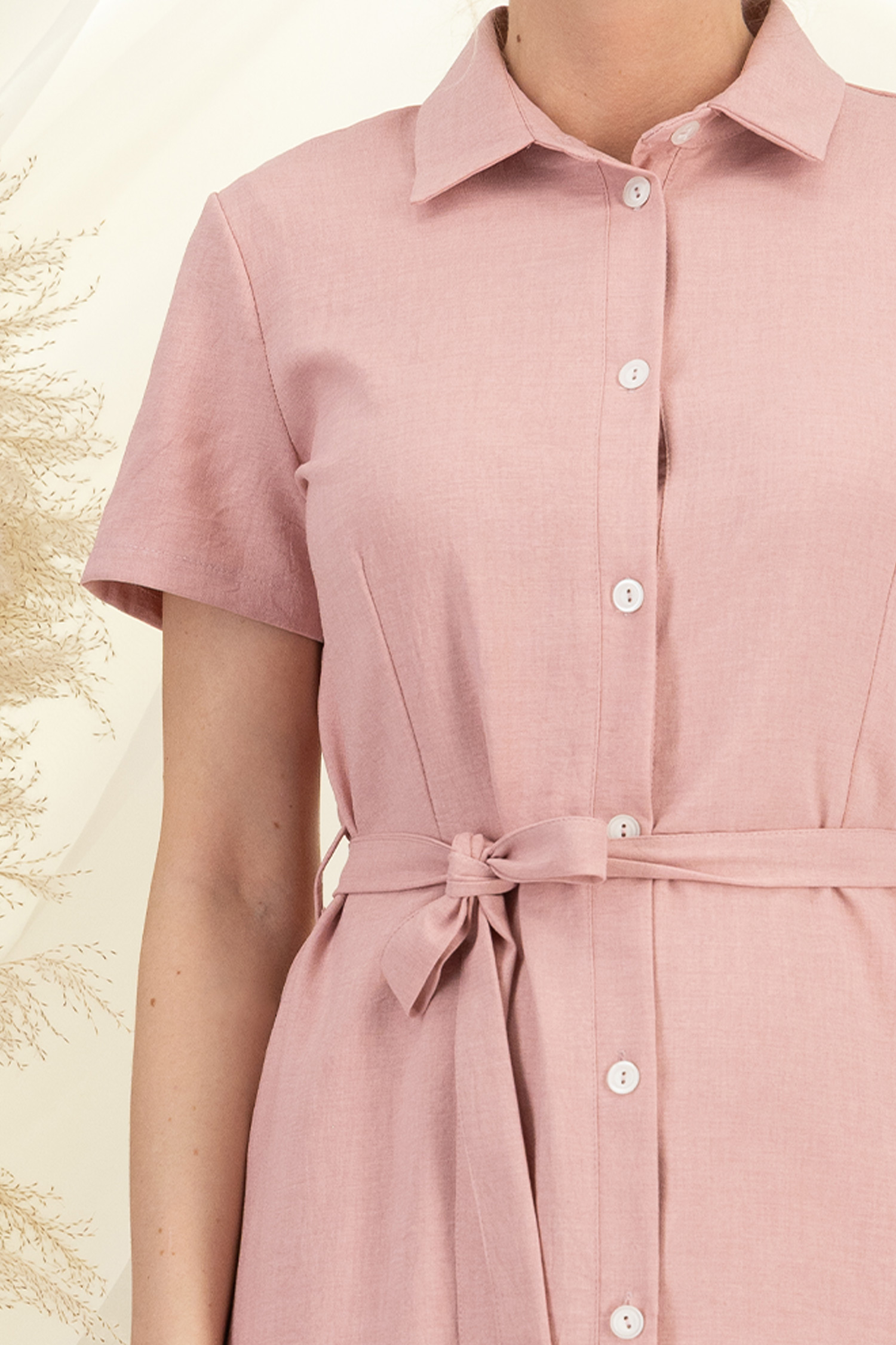 Rochie din in si viscoza roz pudra lunga cu un croi drept si buzunare - StarShinerS 2 - StarShinerS.ro