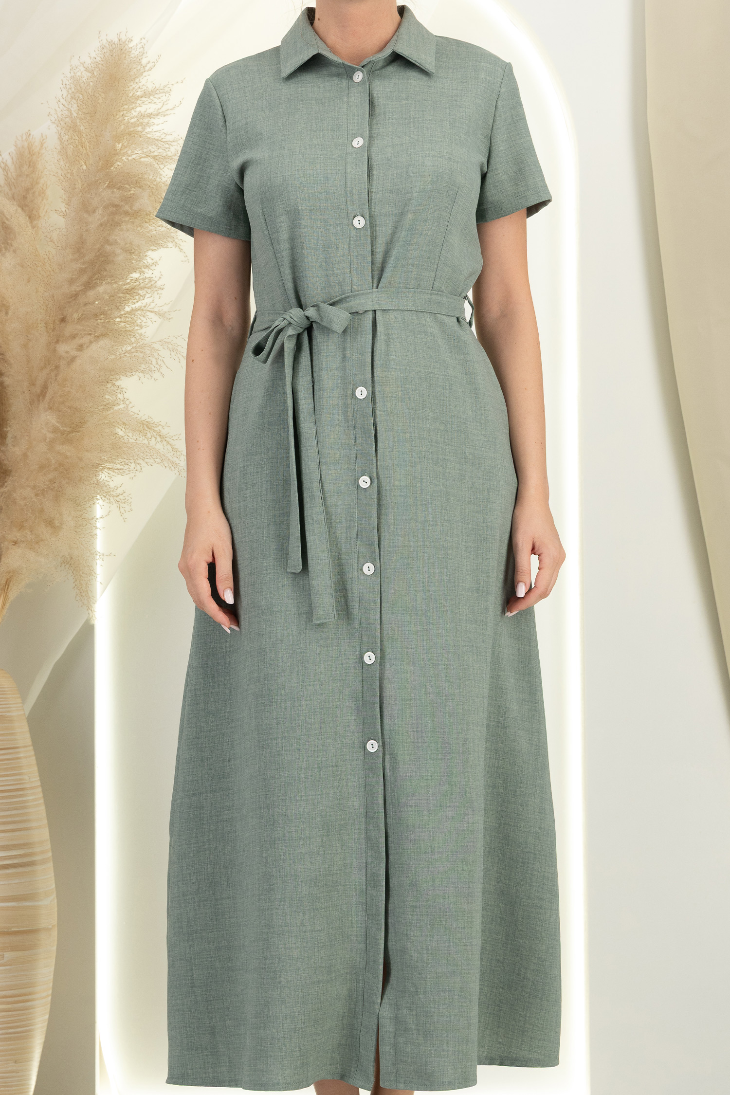 Rochie din in si viscoza kaki lunga cu un croi drept si buzunare - StarShinerS 3 - StarShinerS.ro