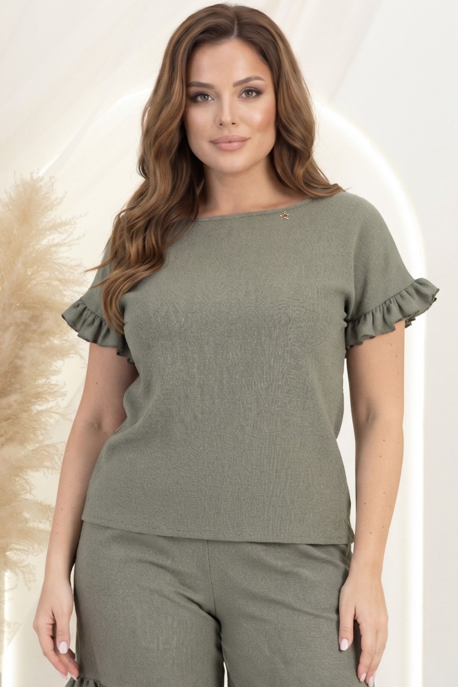 Bluza dama cu maneca scurta din viscoza si in kaki cu volanase - StarShinerS 1 - StarShinerS.ro
