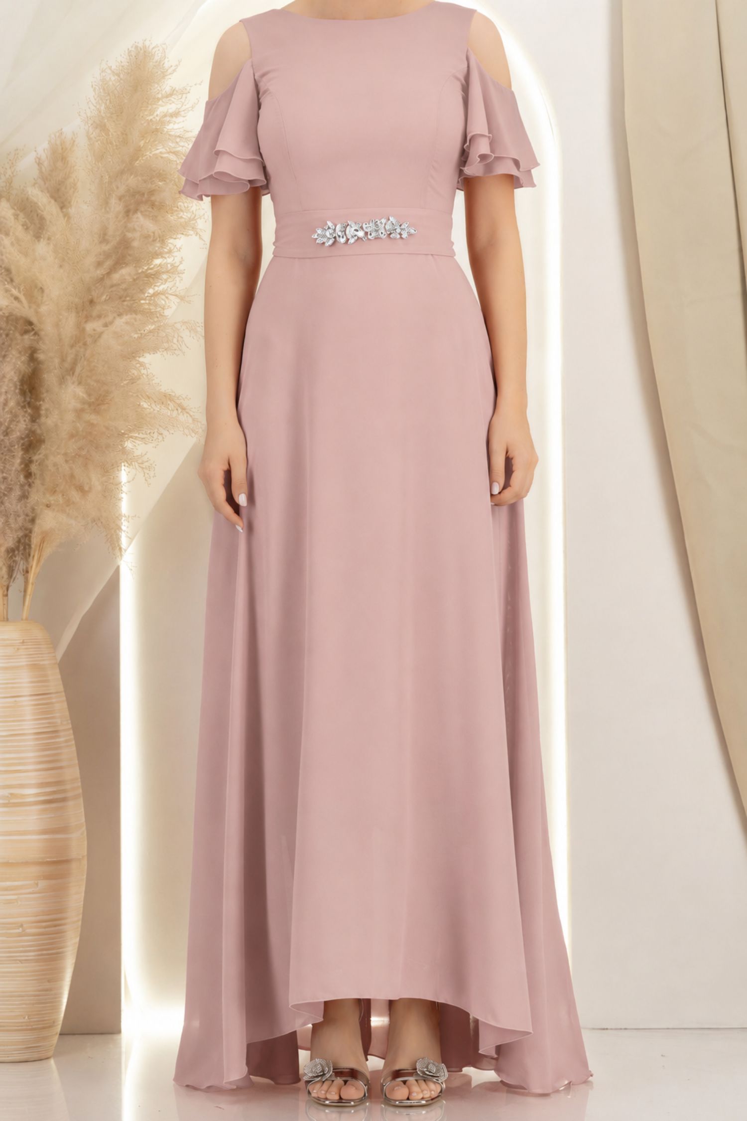 Rochie din voal roz pudra lunga in clos cu un cordon accesorizat- StarShinerS 2 - StarShinerS.ro