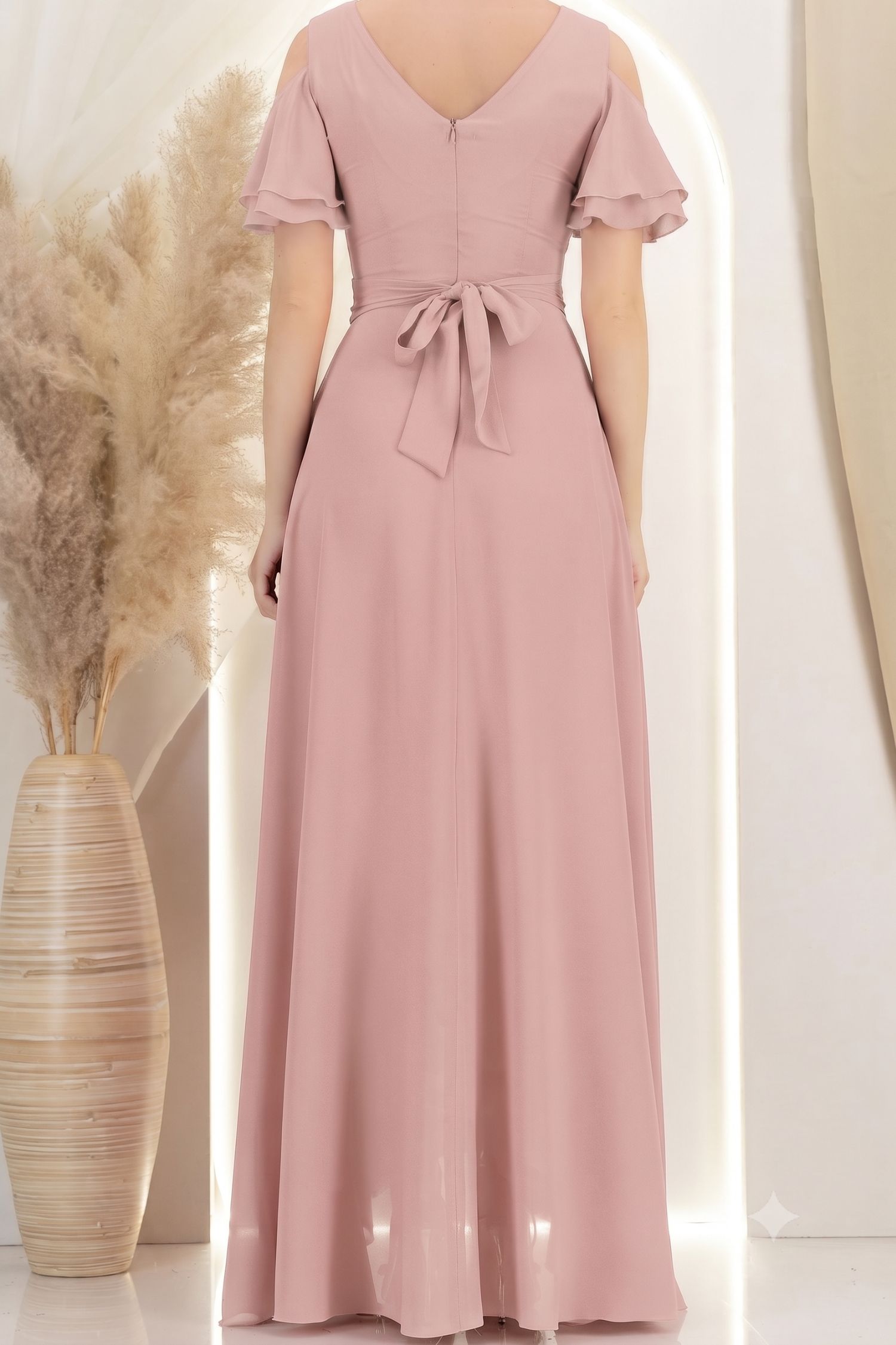 Rochie din voal roz pudra lunga in clos cu un cordon accesorizat- StarShinerS 3 - StarShinerS.ro