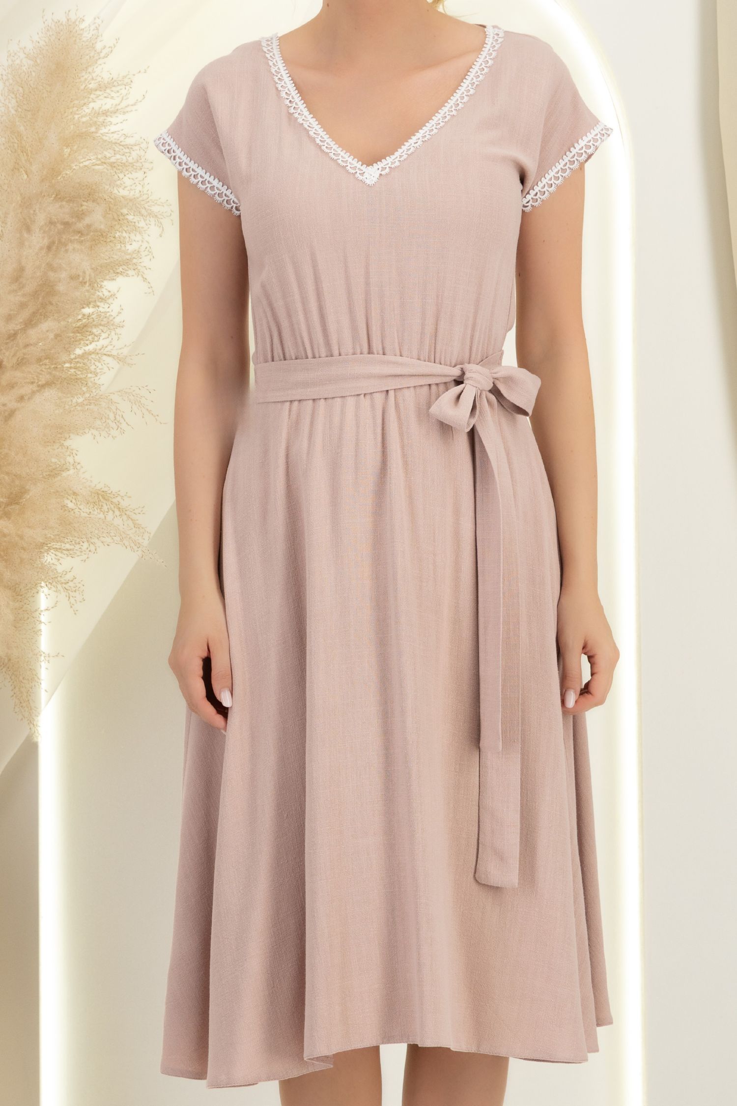 Rochie din viscoza si in mocha midi clos cu elastic in talie - StarShinerS 3 - StarShinerS.ro