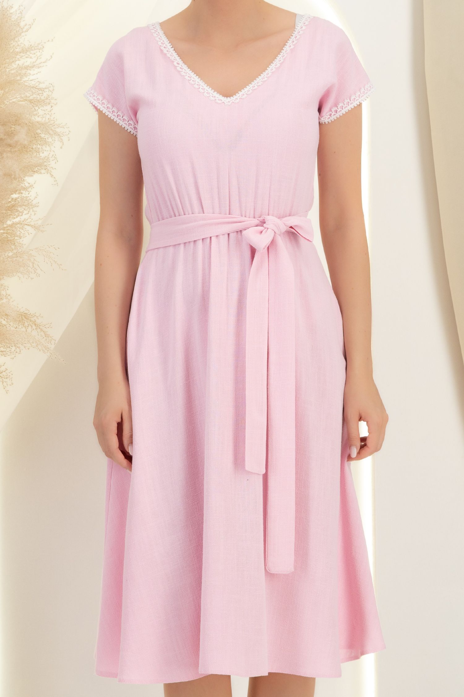 Rochie din viscoza si in roz deschis midi clos cu elastic in talie - StarShinerS 4 - StarShinerS.ro
