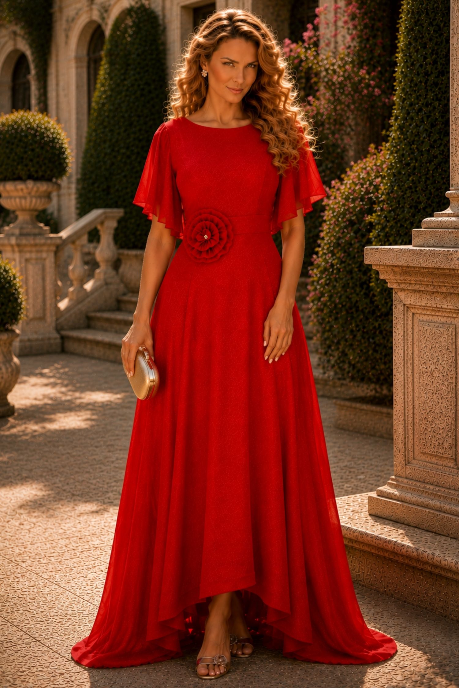 Rochie din voal cu sclipici rosie lunga in clos cu brosa florala- StarShinerS 2 - StarShinerS.ro
