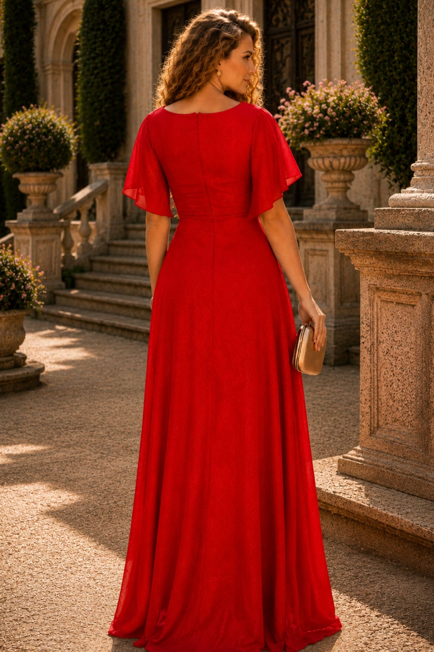 Rochie din voal cu sclipici rosie lunga in clos cu brosa florala- StarShinerS 3 - StarShinerS.ro