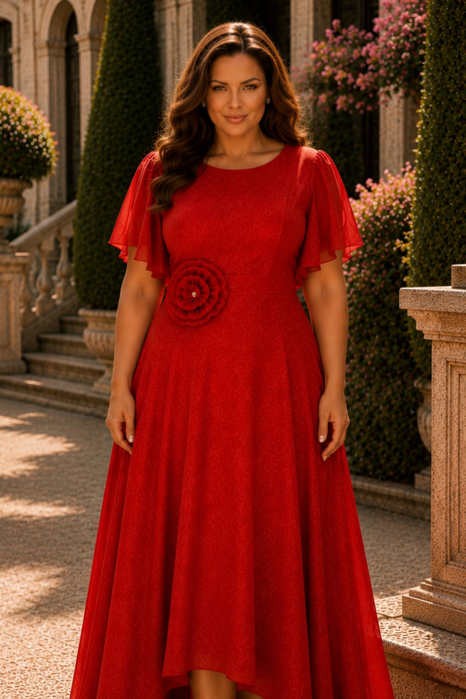 Rochie din voal cu sclipici rosie lunga in clos cu brosa florala- StarShinerS 1 - StarShinerS.ro