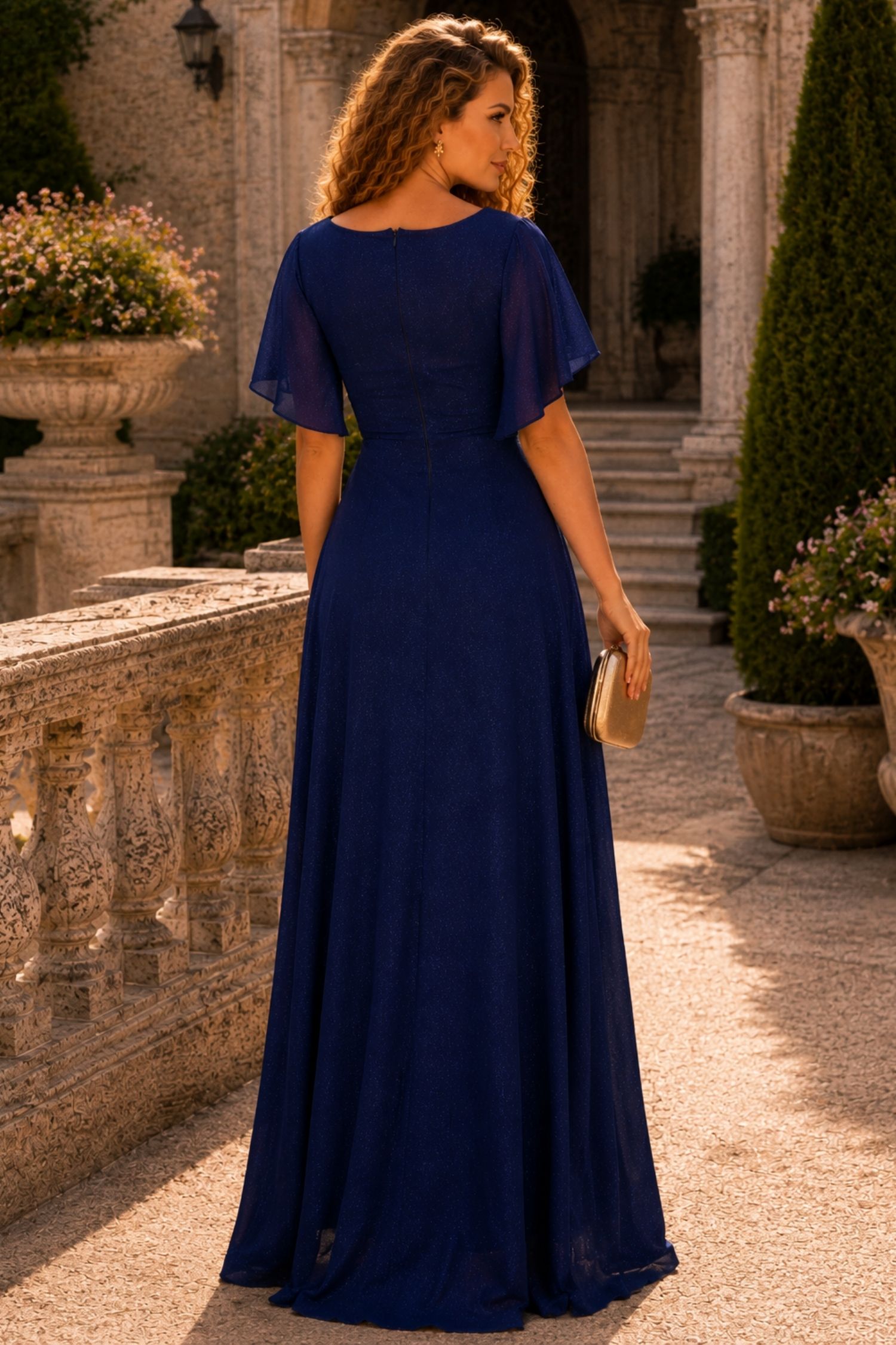 Rochie din voal cu sclipici bleumarin lunga in clos cu brosa florala- StarShinerS 3 - StarShinerS.ro