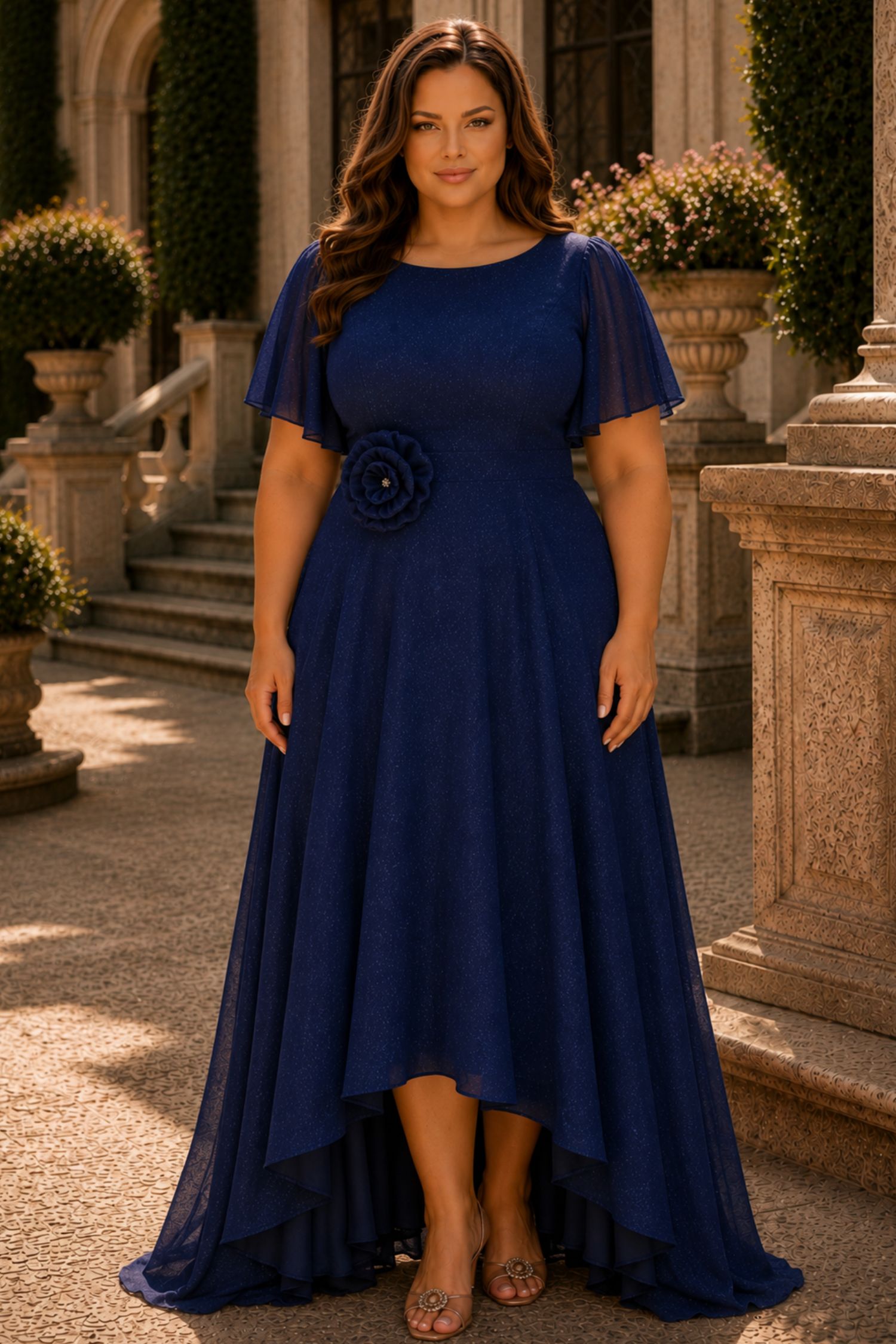 Rochie din voal cu sclipici bleumarin lunga in clos cu brosa florala- StarShinerS 1 - StarShinerS.ro
