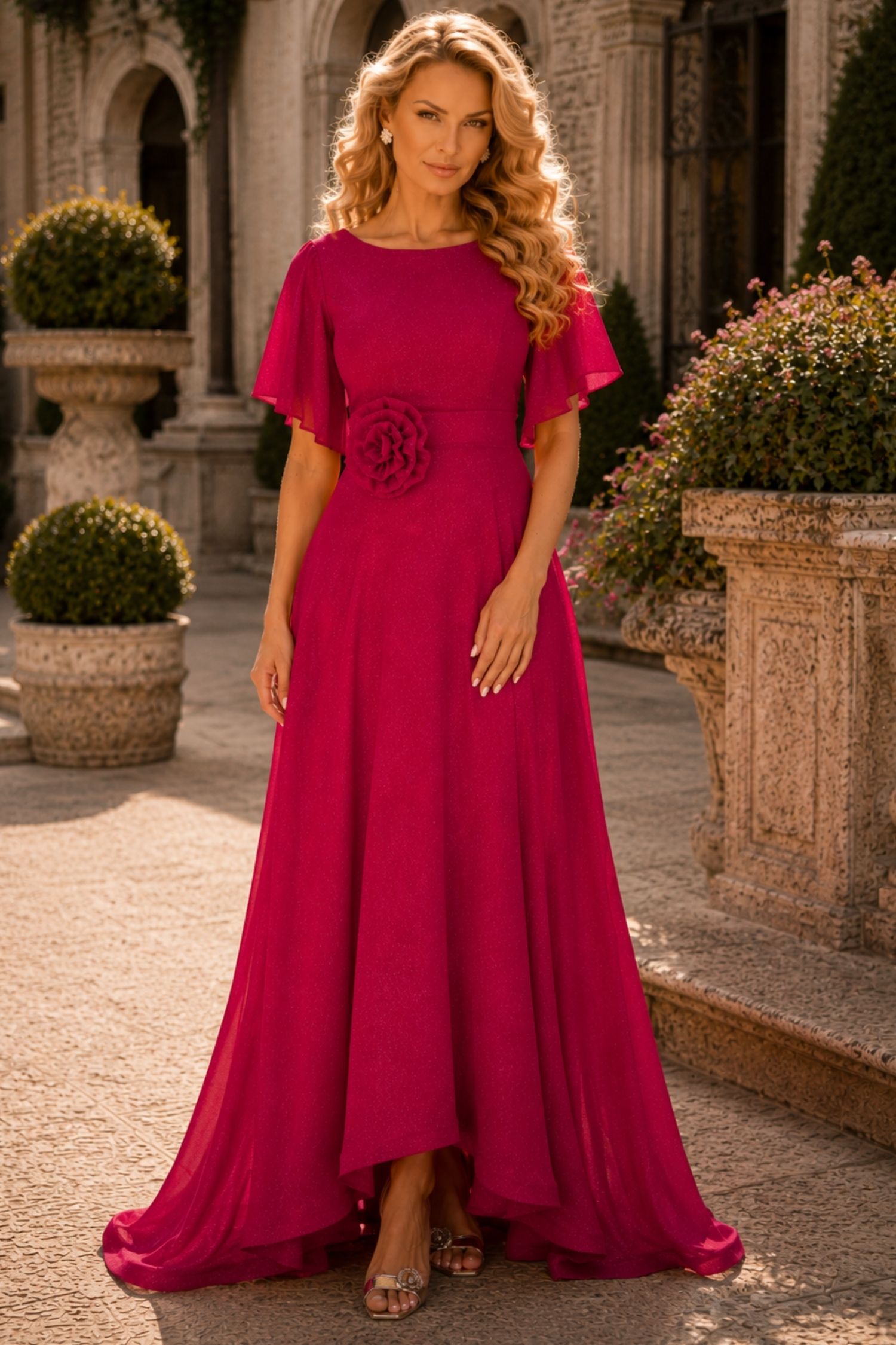 Rochie din voal cu sclipici fuchsia lunga in clos cu brosa florala- StarShinerS 2 - StarShinerS.ro