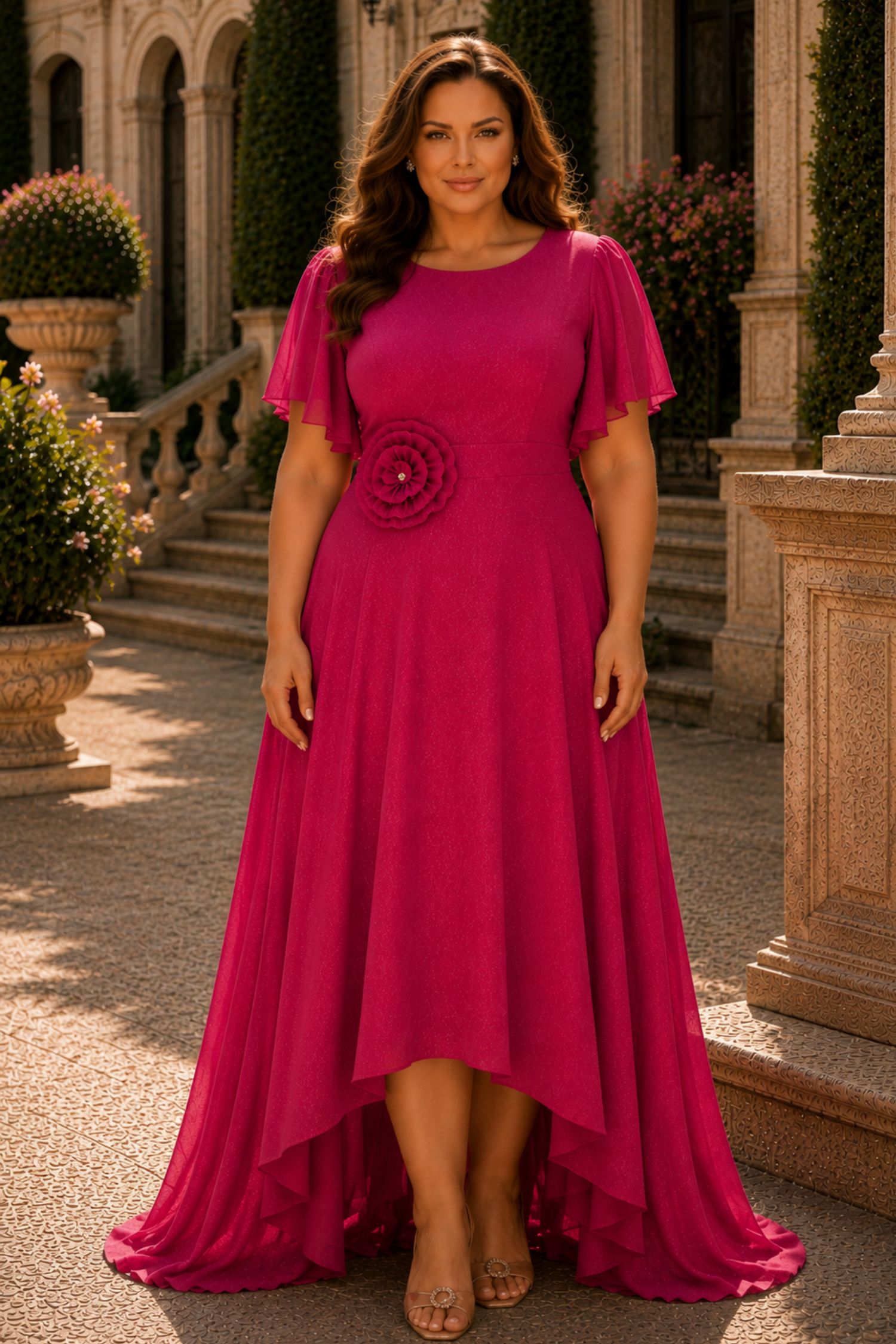 Rochie din voal cu sclipici fuchsia lunga in clos cu brosa florala- StarShinerS 1 - StarShinerS.ro