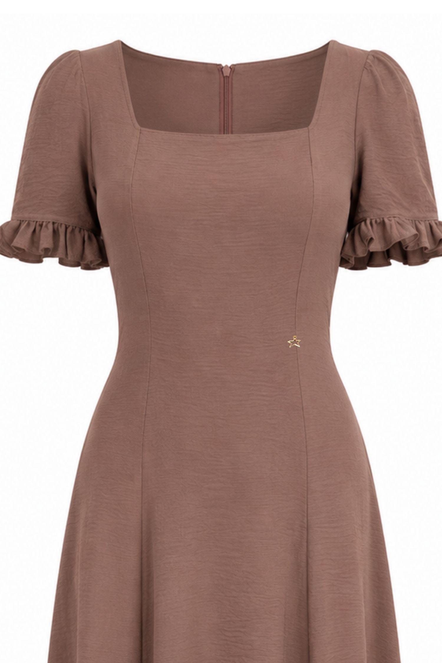 Rochie din viscoza mocha midi in clos cu volanase la maneca - StarShinerS 5 - StarShinerS.ro
