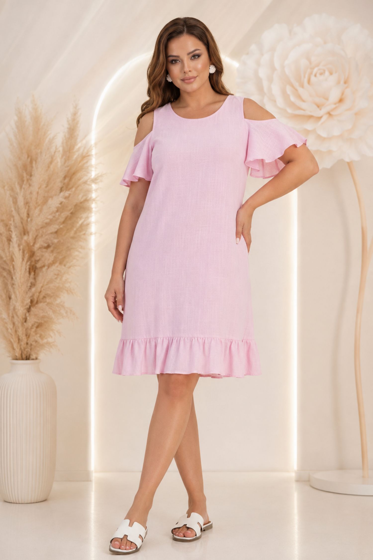 Rochie din viscoza si in roz deschis scurta cu croi larg si umeri decupati - StarShinerS 2 - StarShinerS.ro