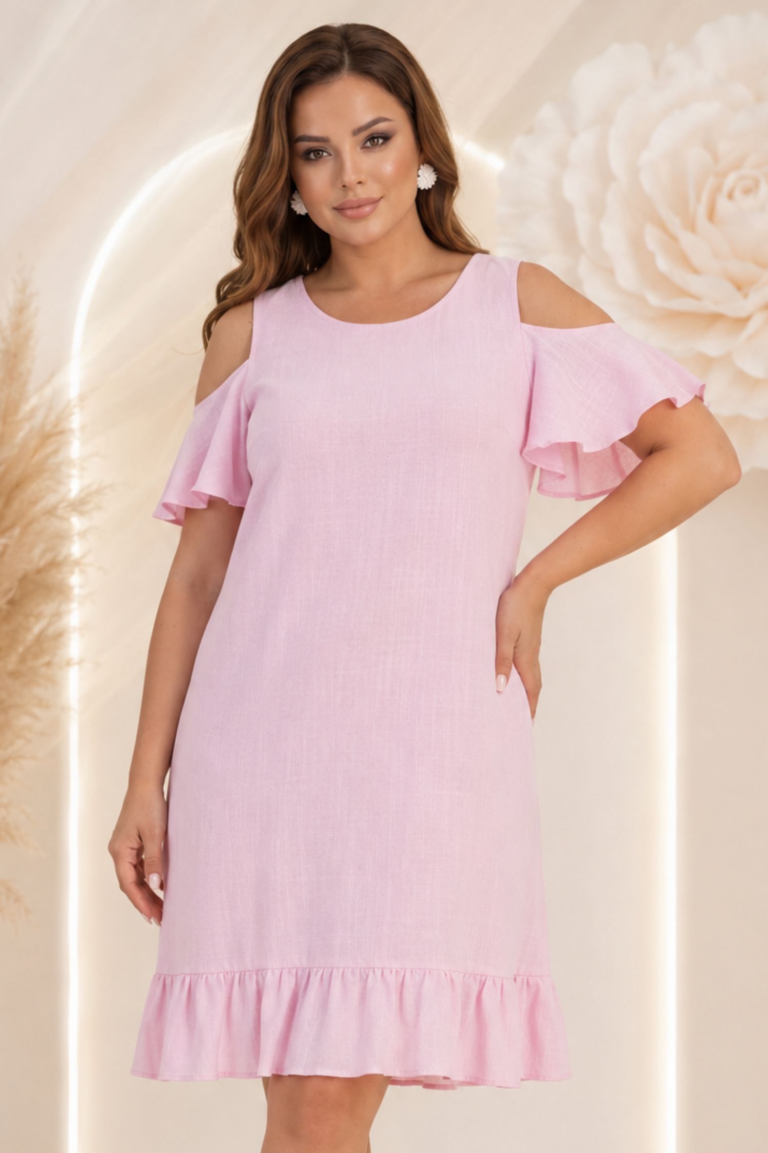 Rochie din viscoza si in roz deschis scurta cu croi larg si umeri decupati - StarShinerS 1 - StarShinerS.ro