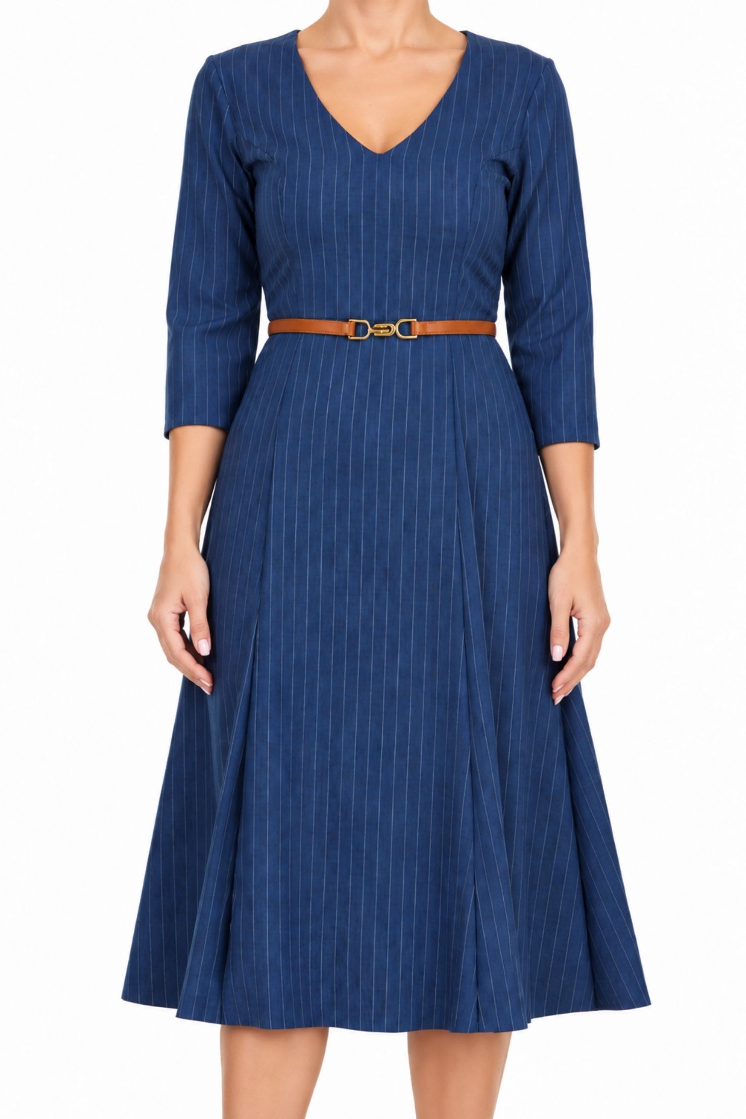Rochie bleumarin din stofa elastica midi clos dungi 3 - StarShinerS.ro