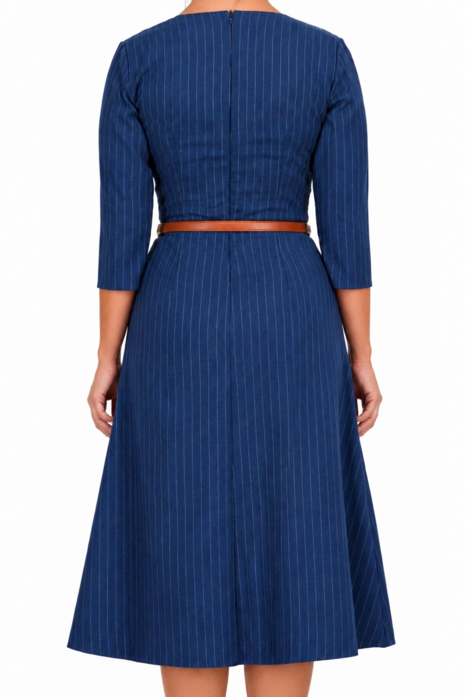 Rochie bleumarin din stofa elastica midi clos dungi 4 - StarShinerS.ro